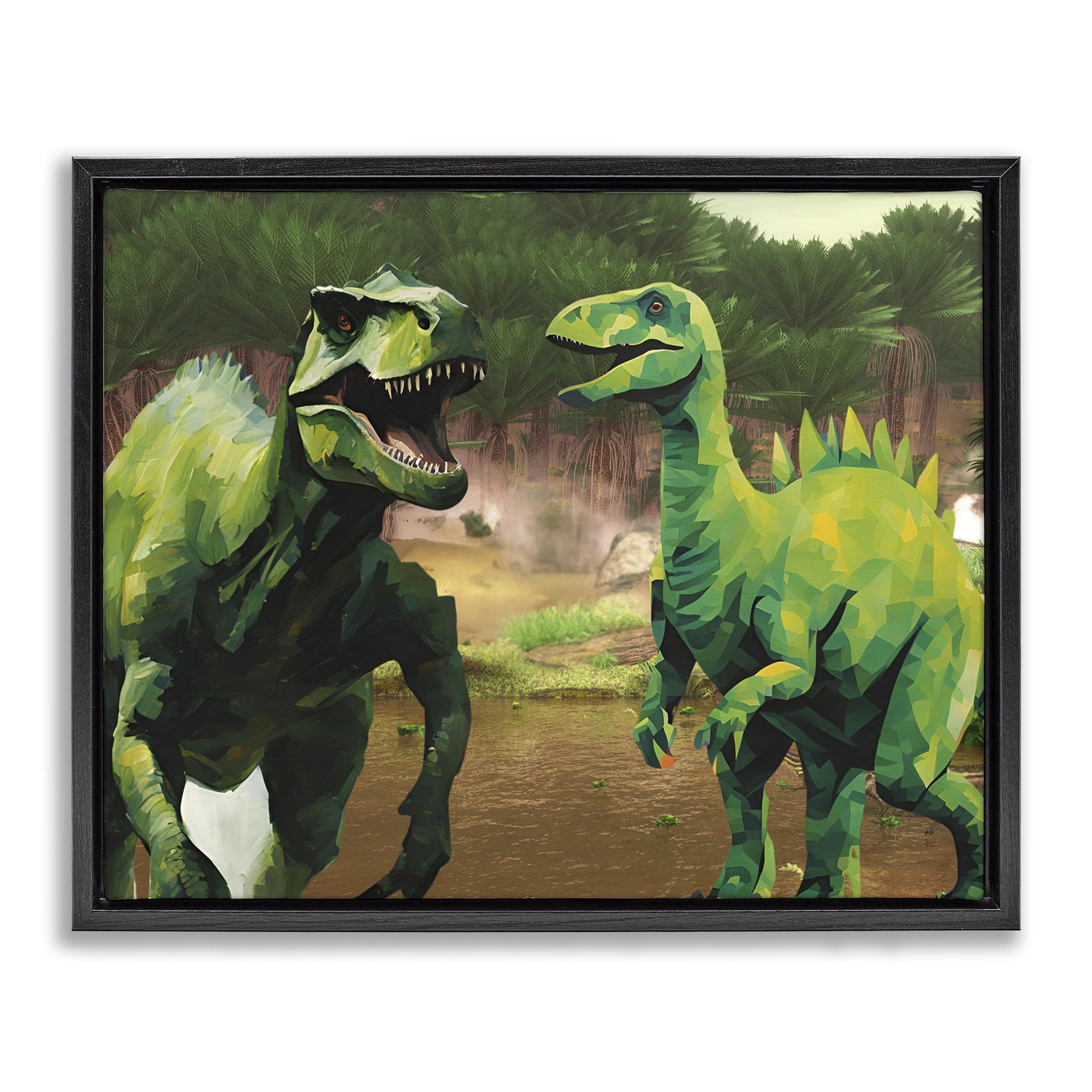 Stupell Industries Green Jungle Dinosaurs Black Framed Floater Canvas Wall Art, design by Jesse Keith