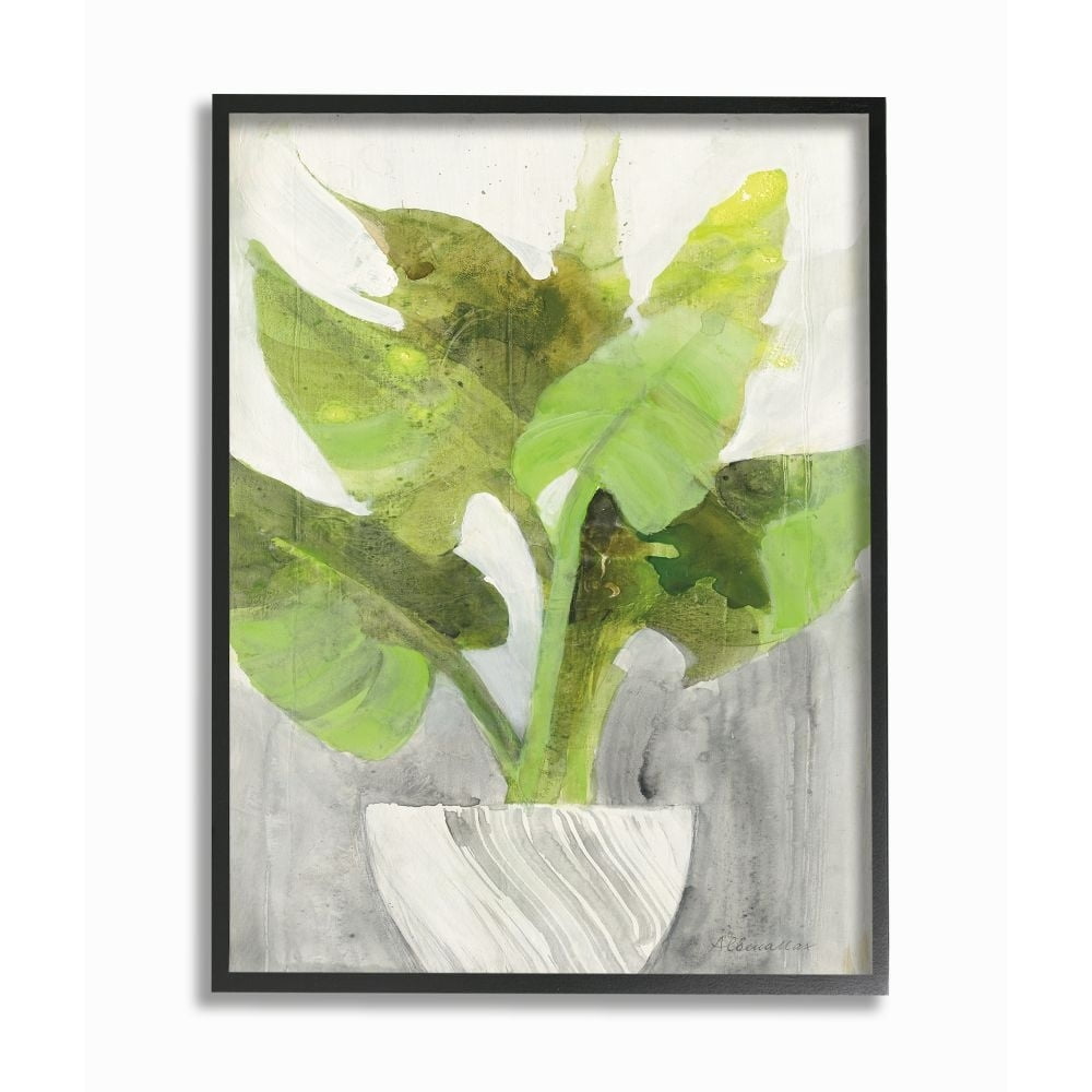 Stupell Industries Green Large Plant White Planter Indoor Home Painting Framed Wall Art Design by Albena Hristova, 16" x 20", Gray Framed