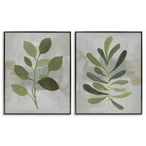 Stupell Industries Green Leaf Branches on Grey Floral Painting Black Framed Art Print Wall Art, 11 x 14, Set of 2