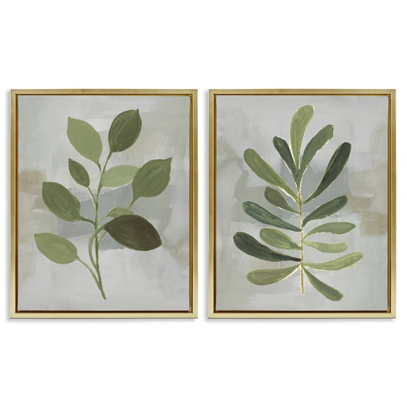Stupell Industries Green Leaf Branches on Grey Floral Painting Gold Floater Framed Canvas Art Print Wall Art, 31 x 25, Set of 2