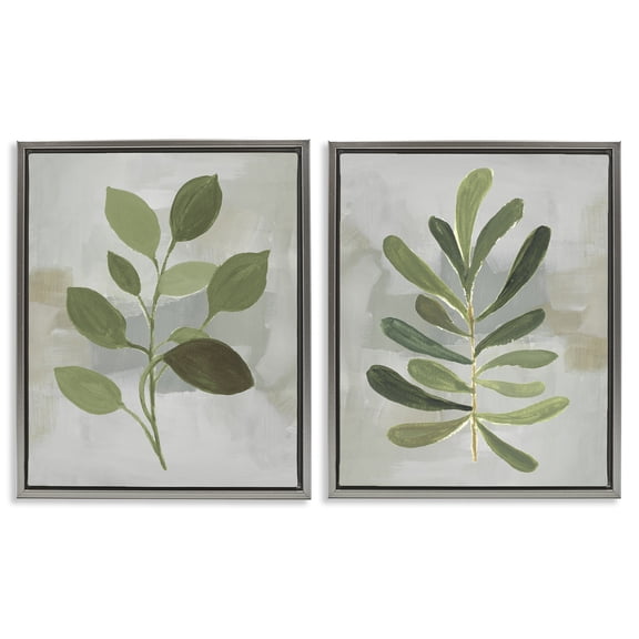 Stupell Industries Green Leaf Branches on Grey Floral Painting Gray Floater Framed Canvas Art Print Wall Art, 17 x 21, Set of 2