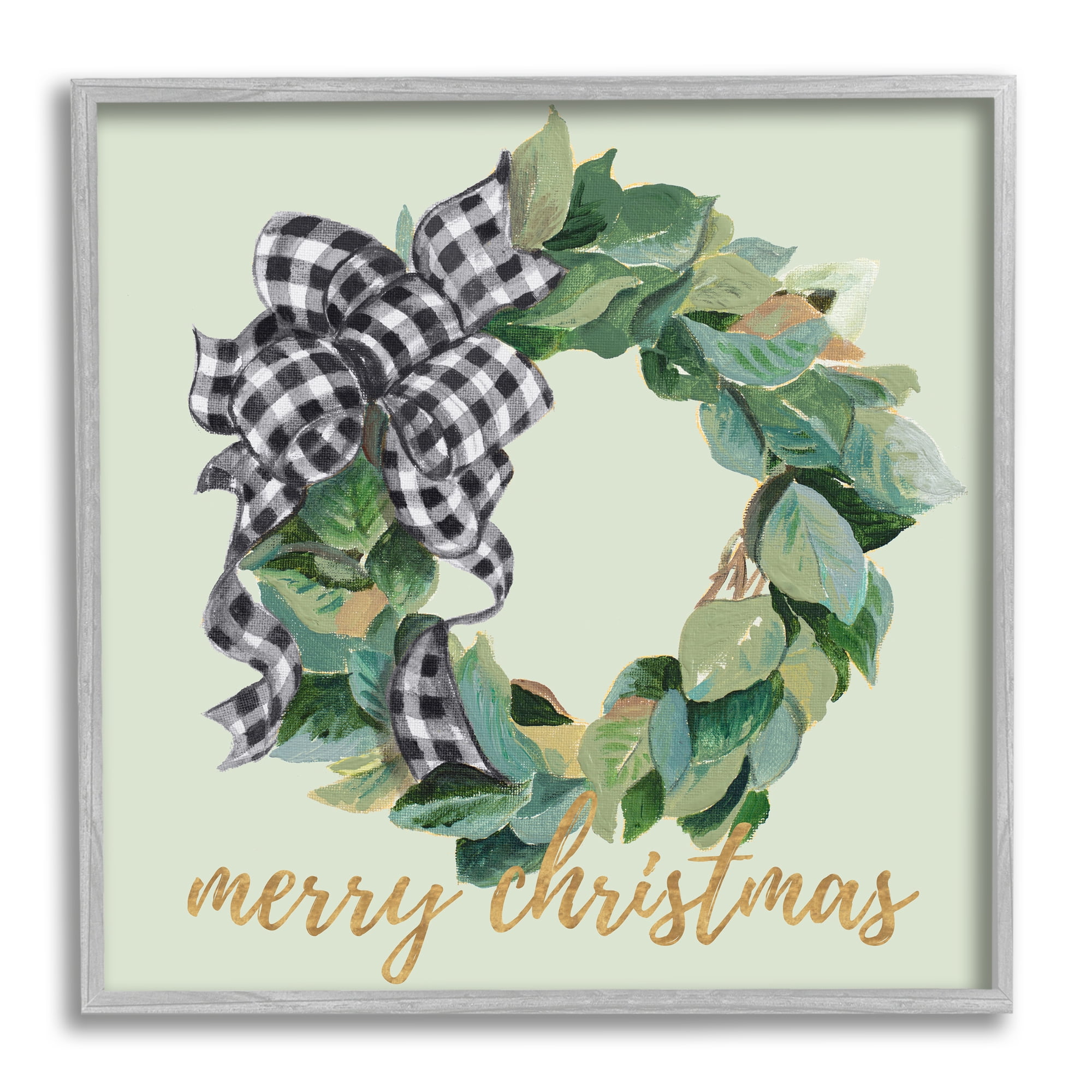 Stupell Industries Green Leaf Wreath Merry Christmas Phrase Plaid Bow, 12 x 12, Design by Patricia Pinto