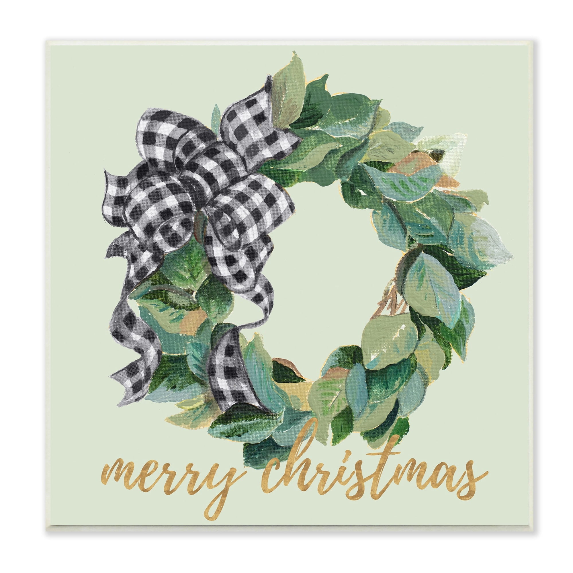 Stupell Industries Green Leaf Wreath Merry Christmas Phrase Plaid Bow, 12 x 12, Design by Patricia Pinto