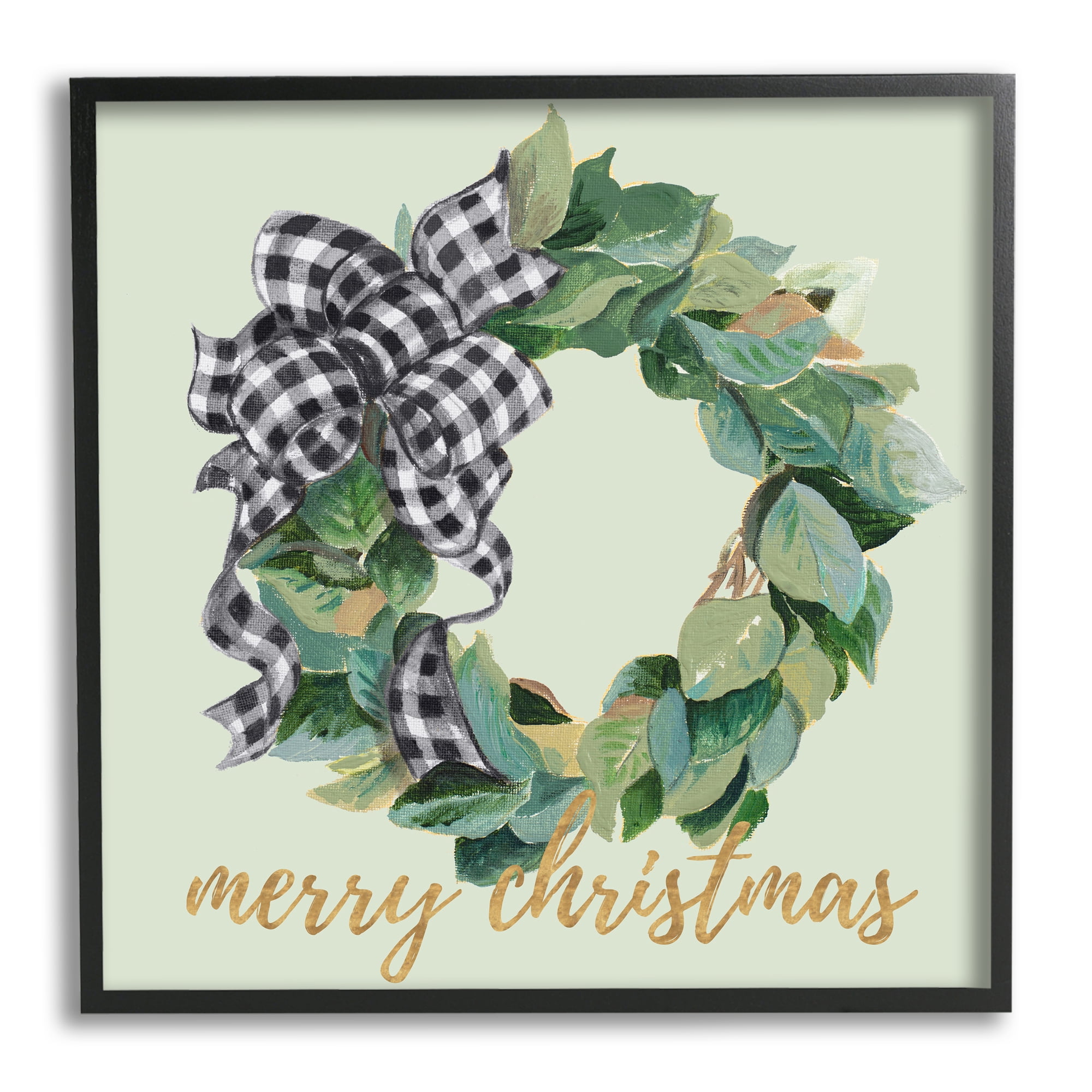 Stupell Industries Green Leaf Wreath Merry Christmas Phrase Plaid Bow, 24 x 24, Design by Patricia Pinto