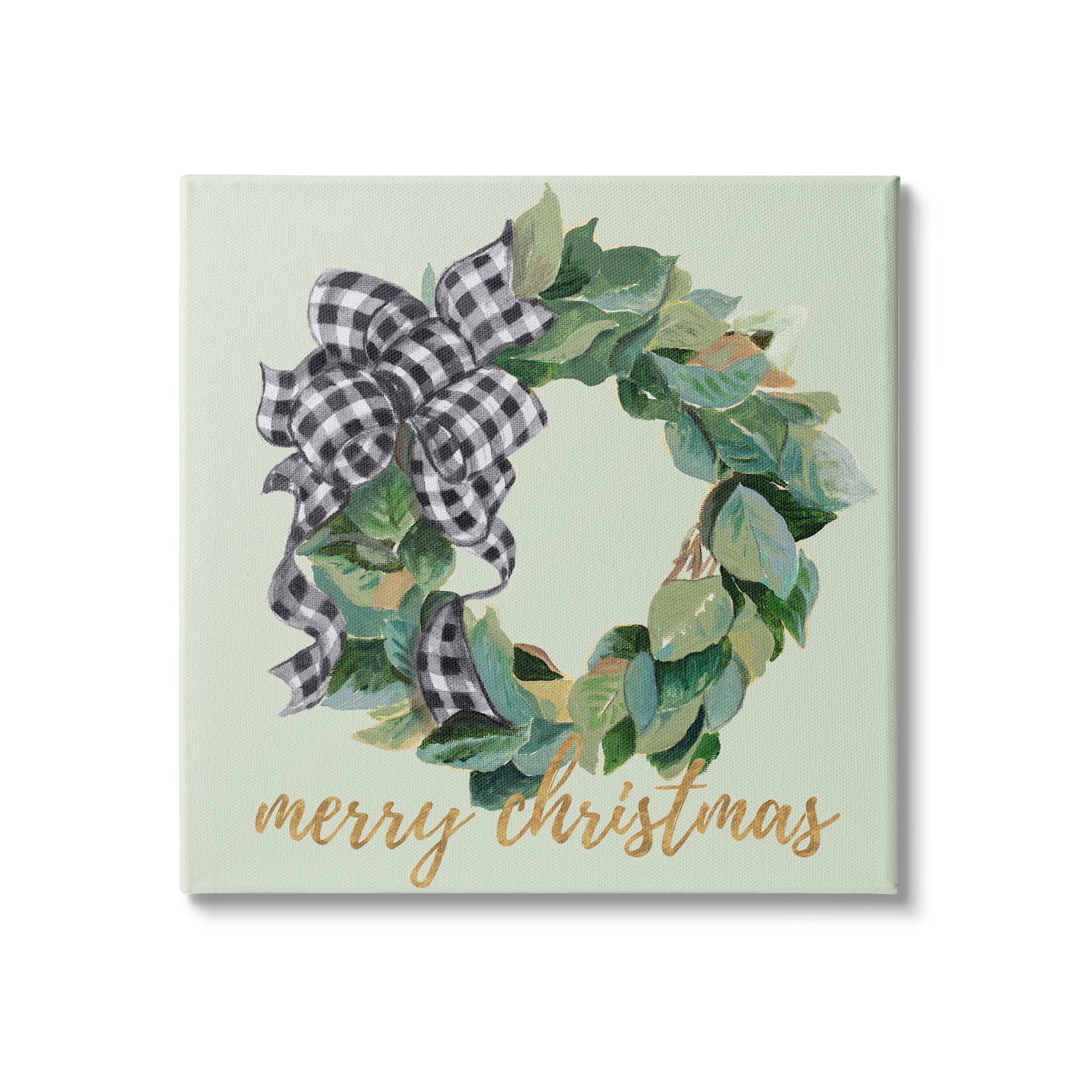 Stupell Industries Green Leaf Wreath Merry Christmas Phrase Plaid Bow, 24 x 24, Design by Patricia Pinto