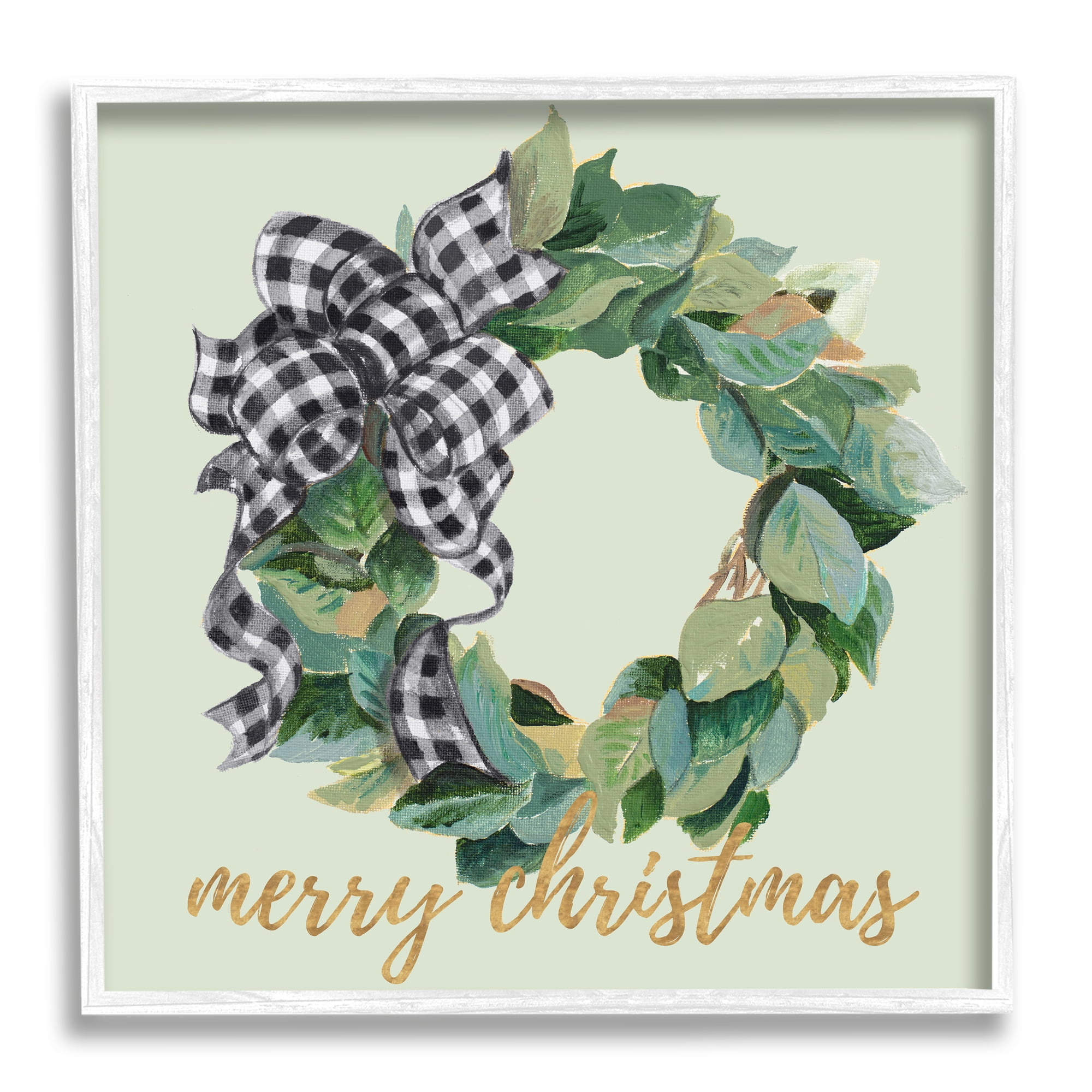 Stupell Industries Green Leaf Wreath Merry Christmas Phrase Plaid Bow, 24 x 24, Design by Patricia Pinto
