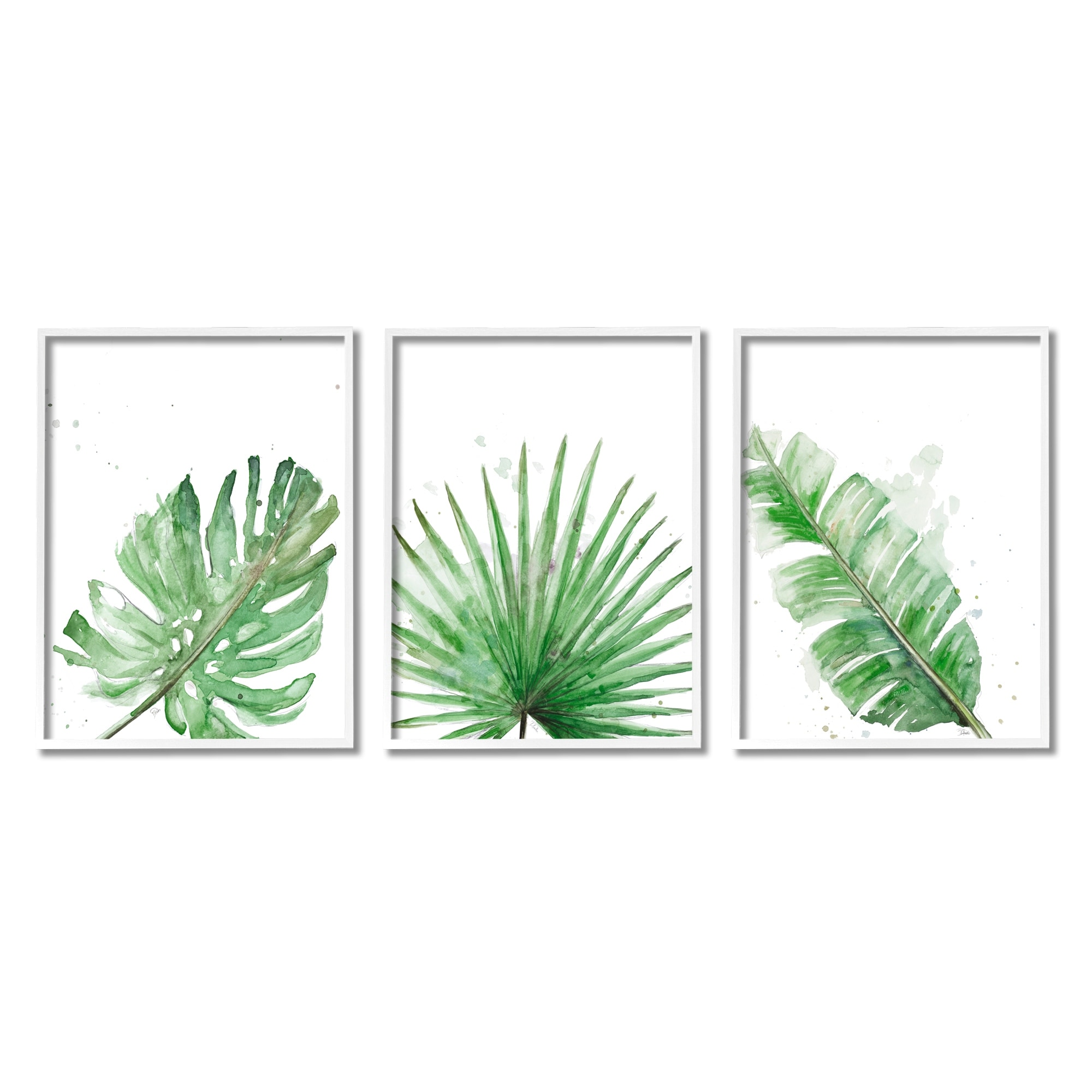 Stupell Industries Green Leaves Modern Green Tropical Palm Fans Graphic Art White Framed Art Print Wall Art Set of 3, 16x20, by Patricia Pinto