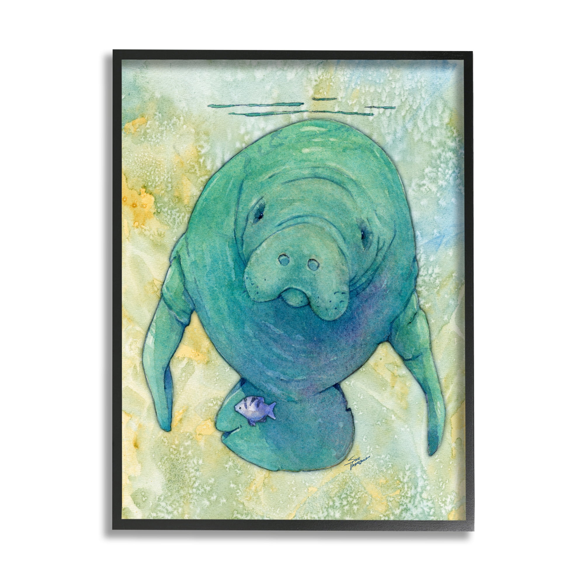 Stupell Industries Green Manatee Underwater Animals & Insects Painting Black Framed Art Print Wall Art, 24 x 30