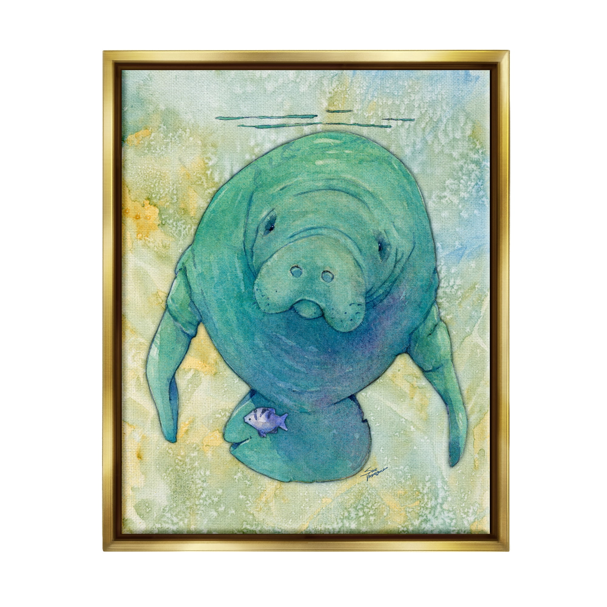 Stupell Industries Green Manatee Underwater Animals & Insects Painting Gold Floater Framed Art Print Wall Art, 25 x 31