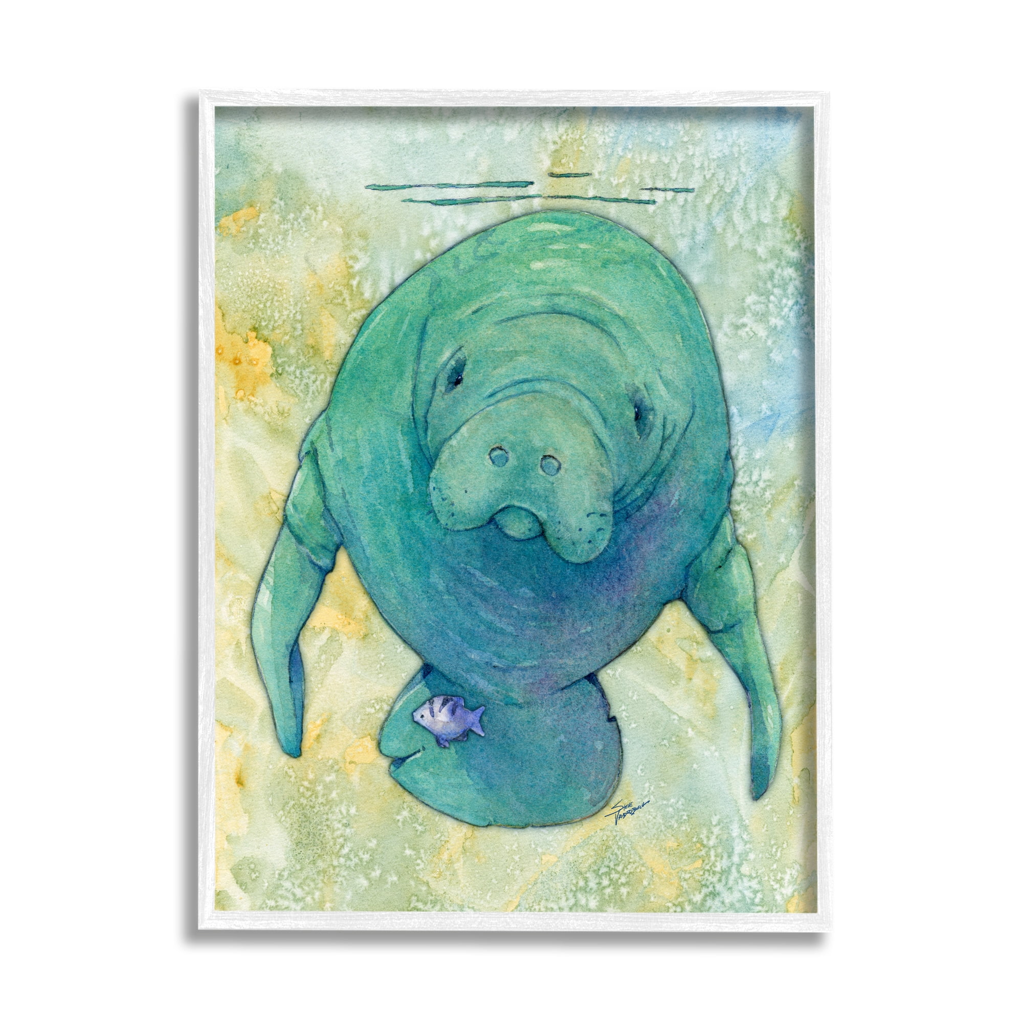 Stupell Industries Green Manatee Underwater Animals & Insects Painting White Framed Art Print Wall Art, 24 x 30