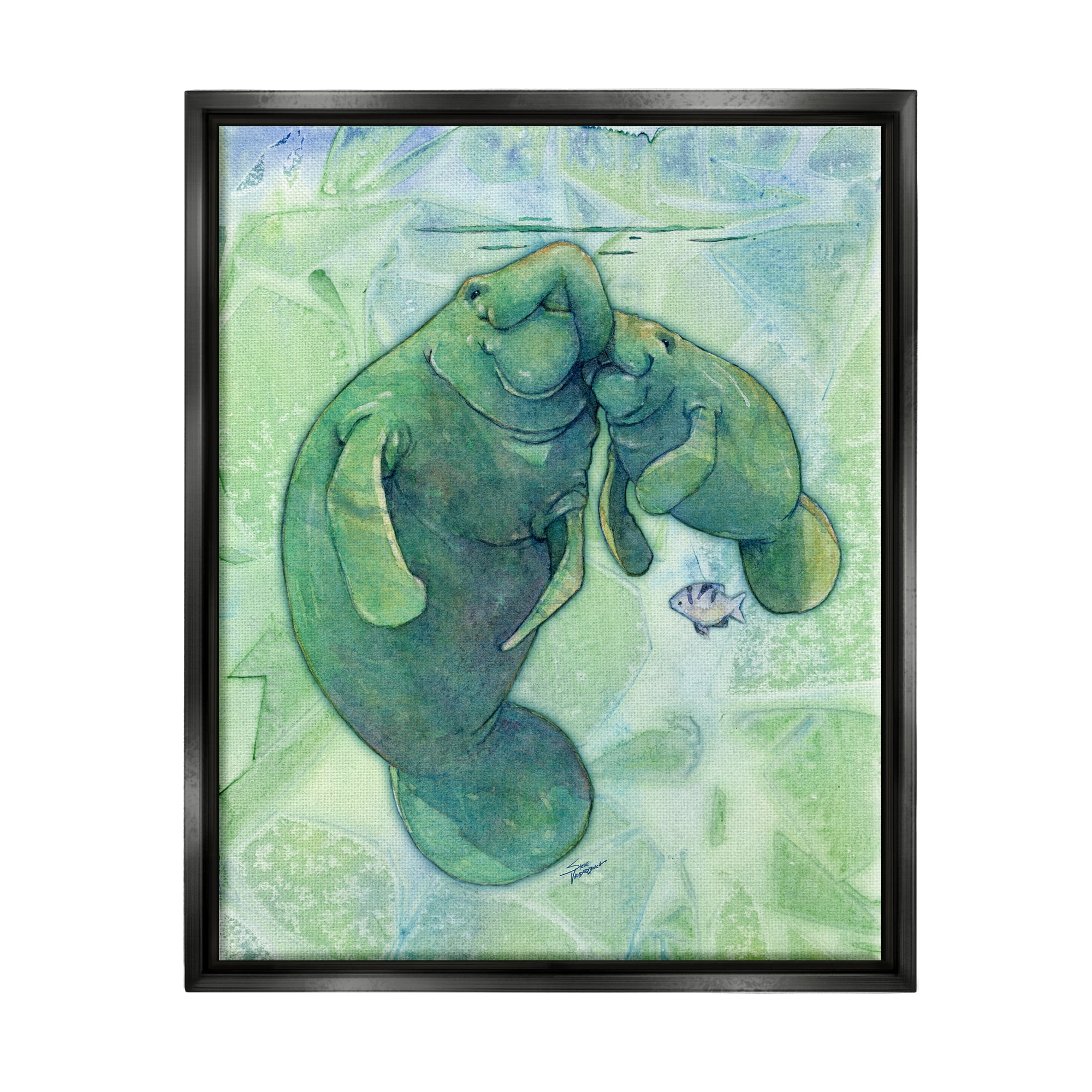 Stupell Industries Green Manatees & Fish Animals & Insects Painting Black Floater Framed Art Print Wall Art, 17 x 21