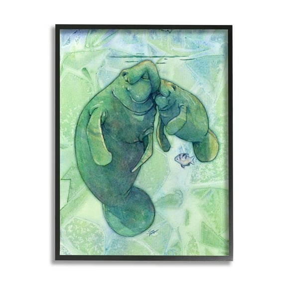 Stupell Industries Green Manatees & Fish Animals & Insects Painting Black Framed Art Print Wall Art, 11 x 14