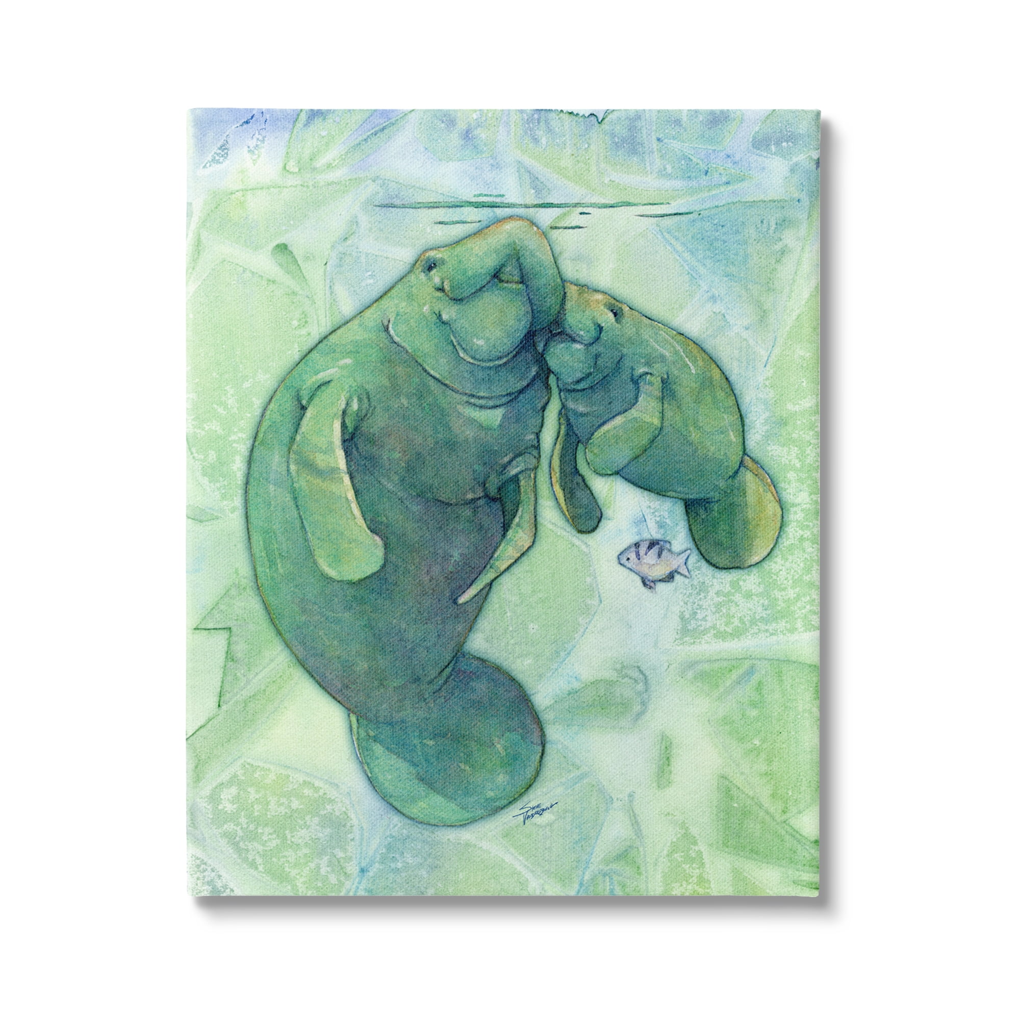 Stupell Industries Green Manatees & Fish Animals & Insects Painting Gallery Wrapped Canvas Print Wall Art, 30 x 40