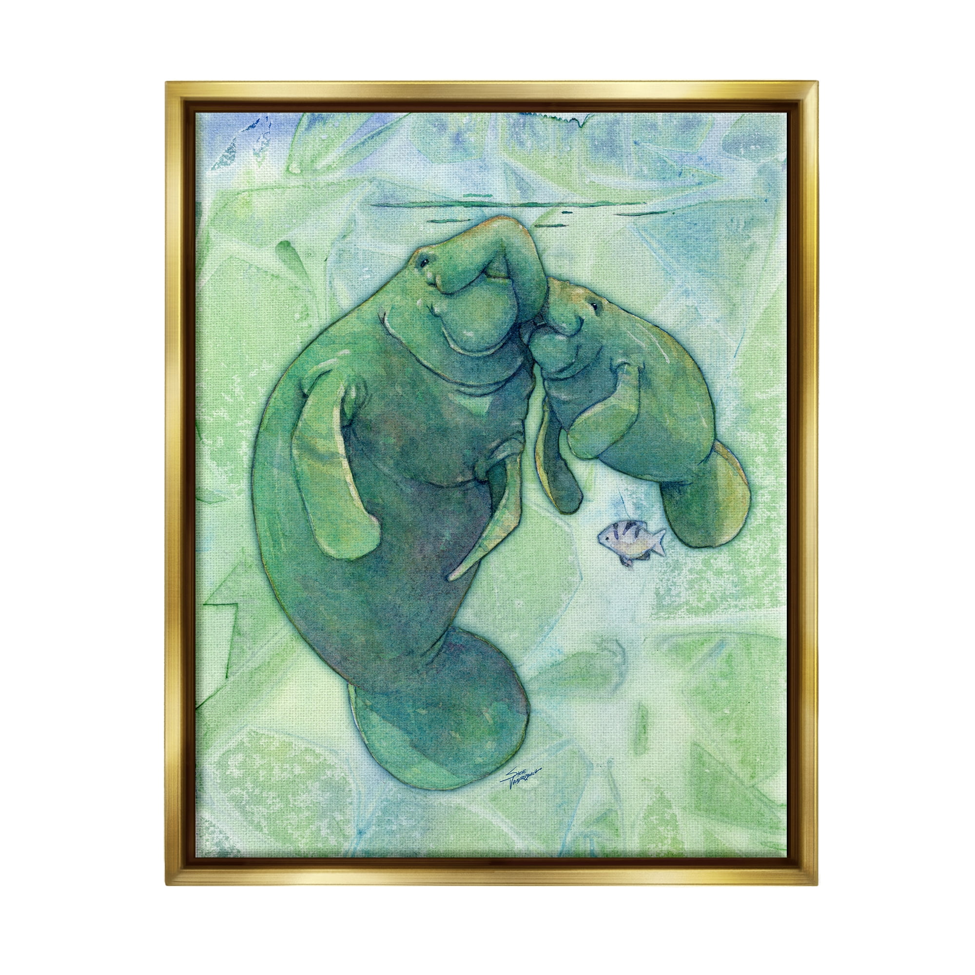 Stupell Industries Green Manatees & Fish Animals & Insects Painting Gold Floater Framed Art Print Wall Art, 25 x 31