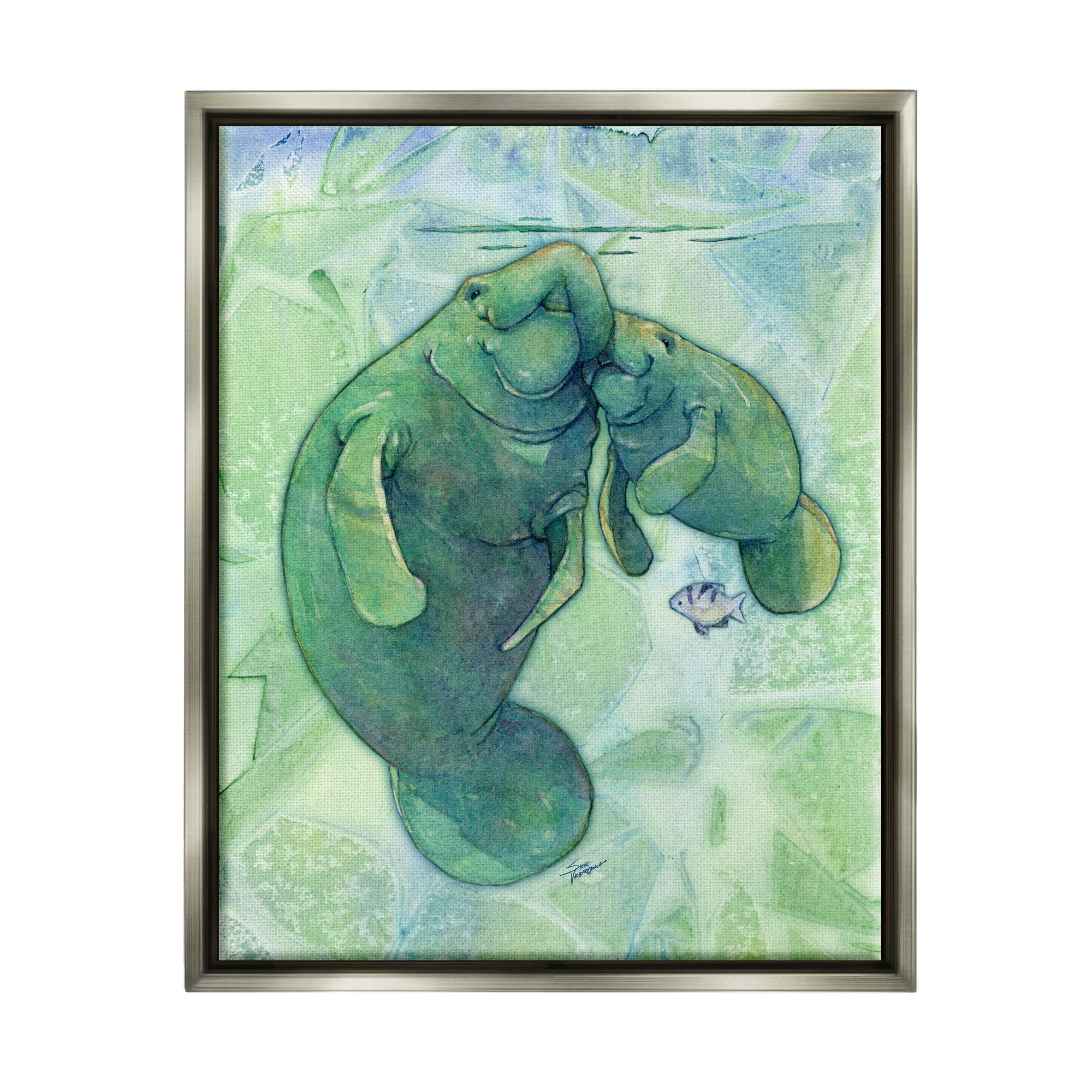 Stupell Industries Green Manatees & Fish Animals & Insects Painting Gray Floater Framed Art Print Wall Art, 25 x 31