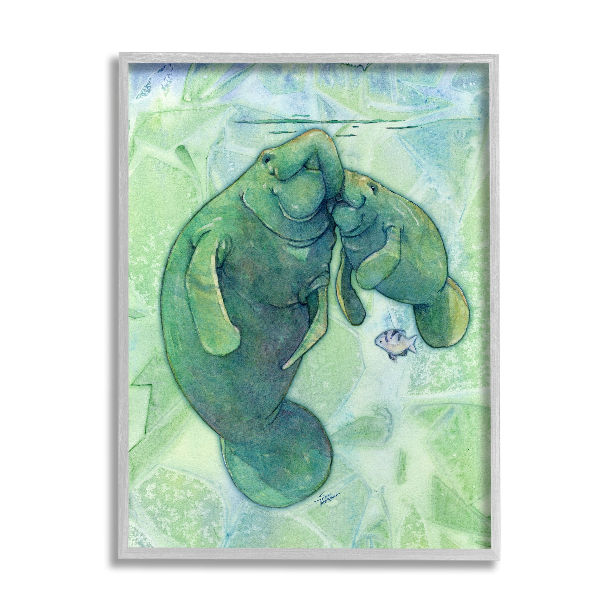 Stupell Industries Green Manatees & Fish Animals & Insects Painting Gray Framed Art Print Wall Art, 24 x 30