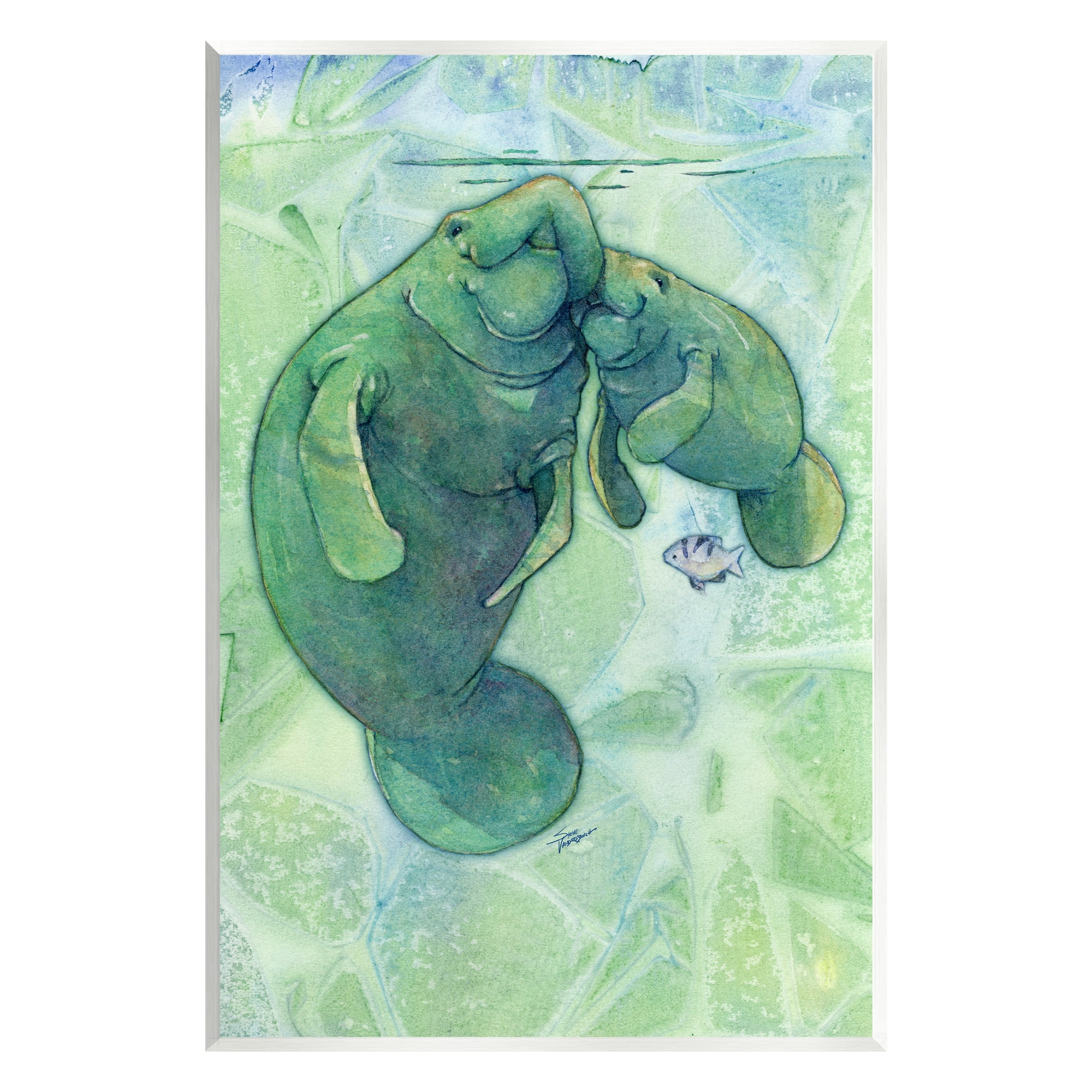 Stupell Industries Green Manatees & Fish Animals & Insects Painting Unframed Art Print Wall Art, 13 x 19
