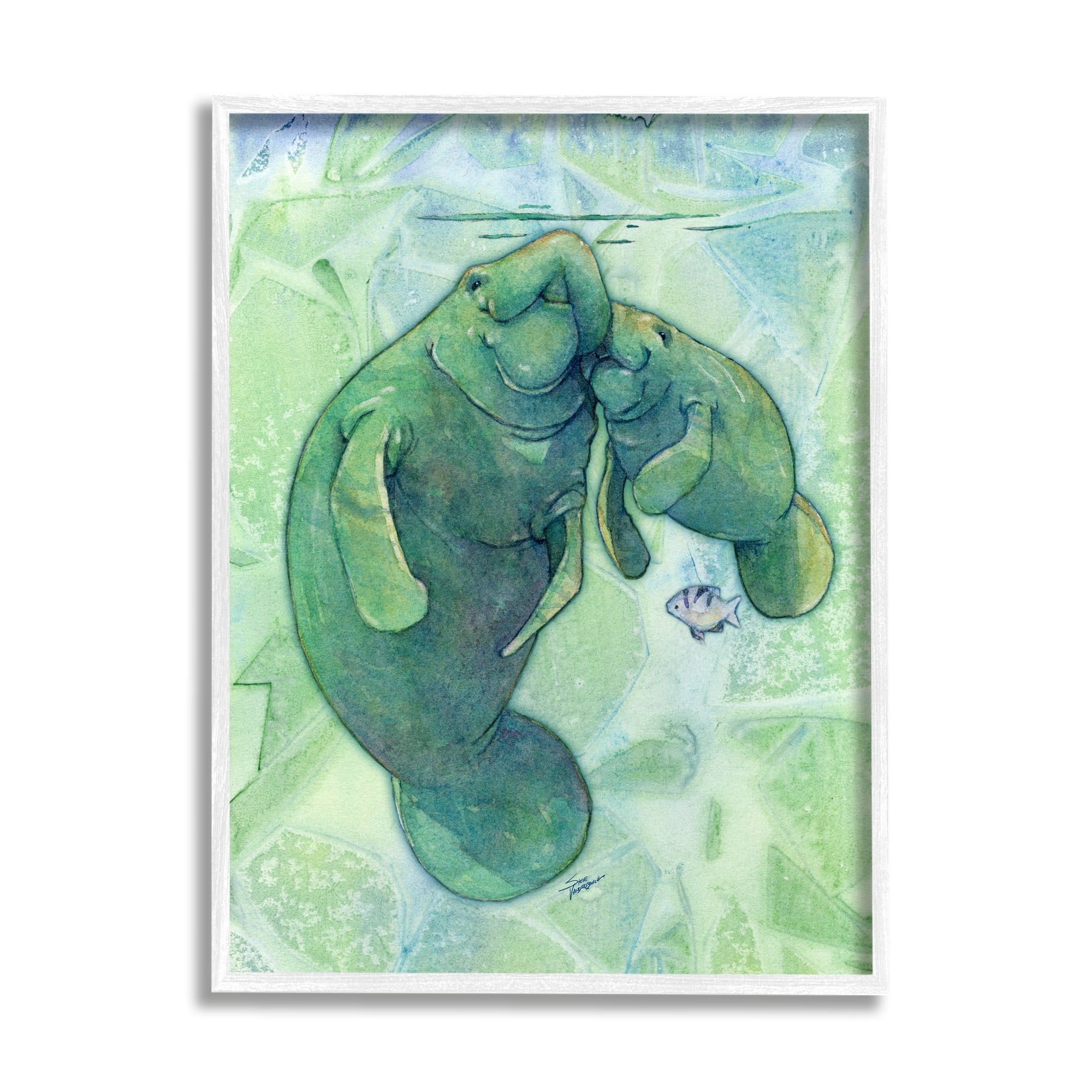 Stupell Industries Green Manatees & Fish Animals & Insects Painting White Framed Art Print Wall Art, 24 x 30