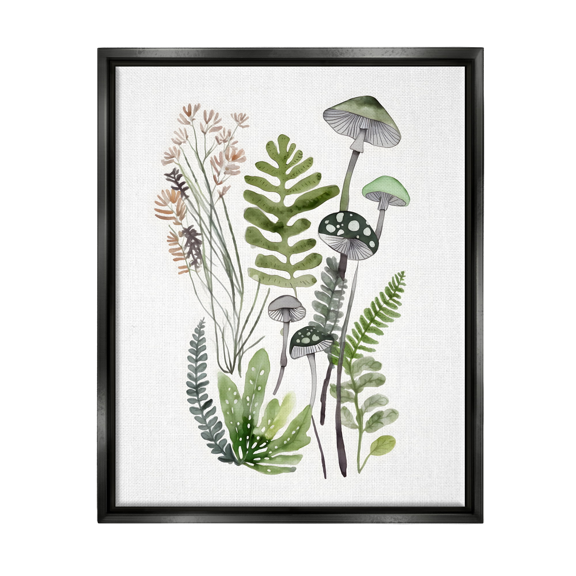 Stupell Industries Green Mushroom Botanicals Botanical & Floral Painting Black Floater Framed Canvas Art Print Wall Art, 17 x 21