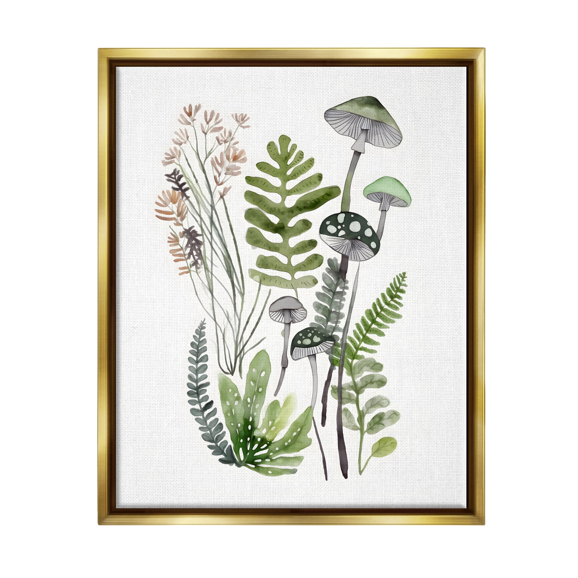 Stupell Industries Green Mushroom Botanicals Botanical & Floral Painting Gold Floater Framed Canvas Art Print Wall Art, 25 x 31