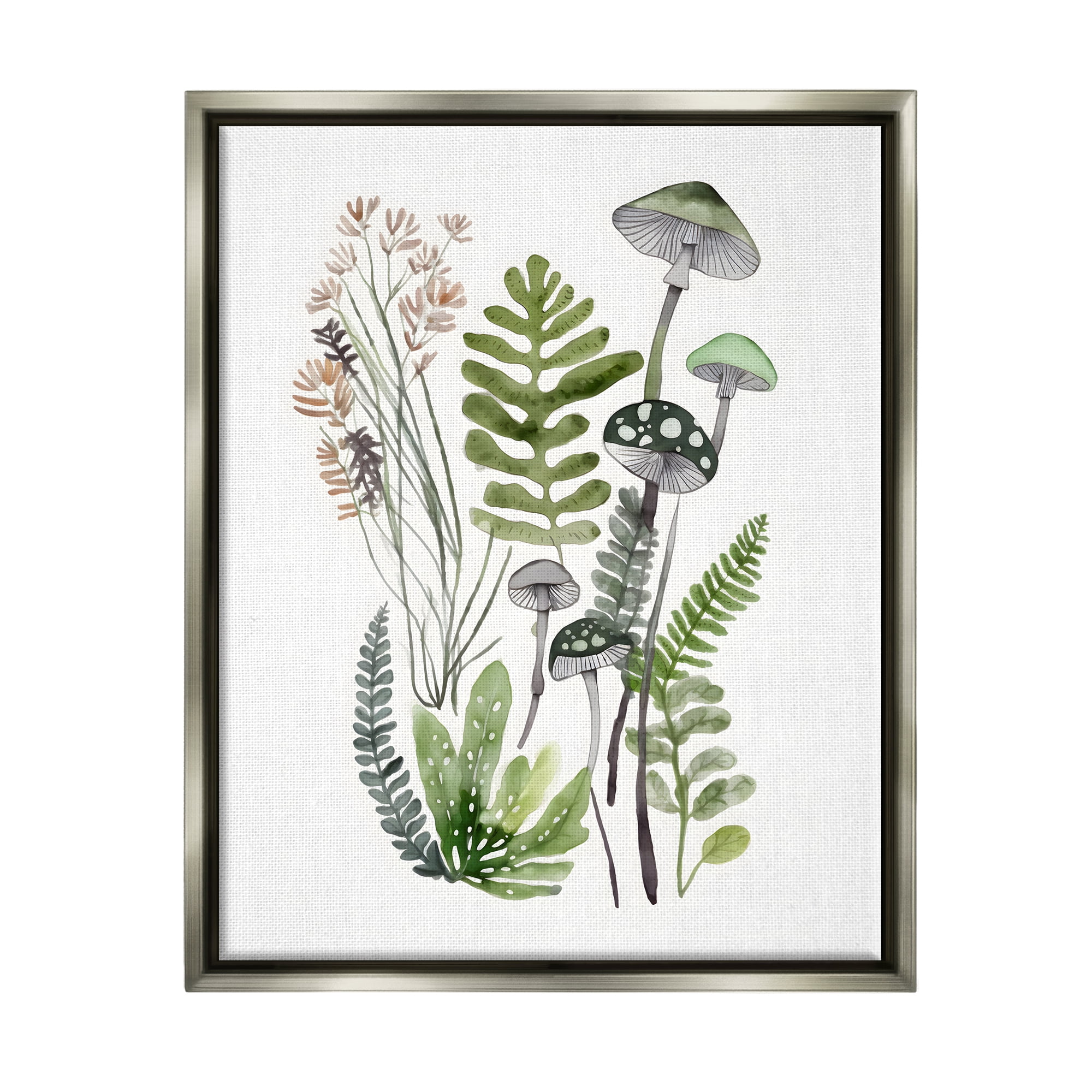 Stupell Industries Green Mushroom Botanicals Botanical & Floral Painting Gray Floater Framed Canvas Art Print Wall Art, 17 x 21