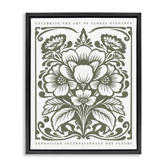 Stupell Industries Green Outline Floral Bouquet Floral Painting Black Floater Framed Canvas Art Print Wall Art, 25 x 31
