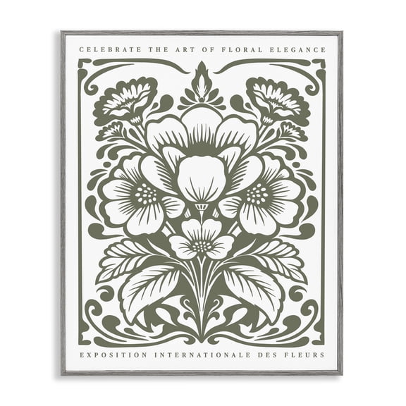 Stupell Industries Green Outline Floral Bouquet Floral Painting Gray Framed Art Print Wall Art, 24 x 30