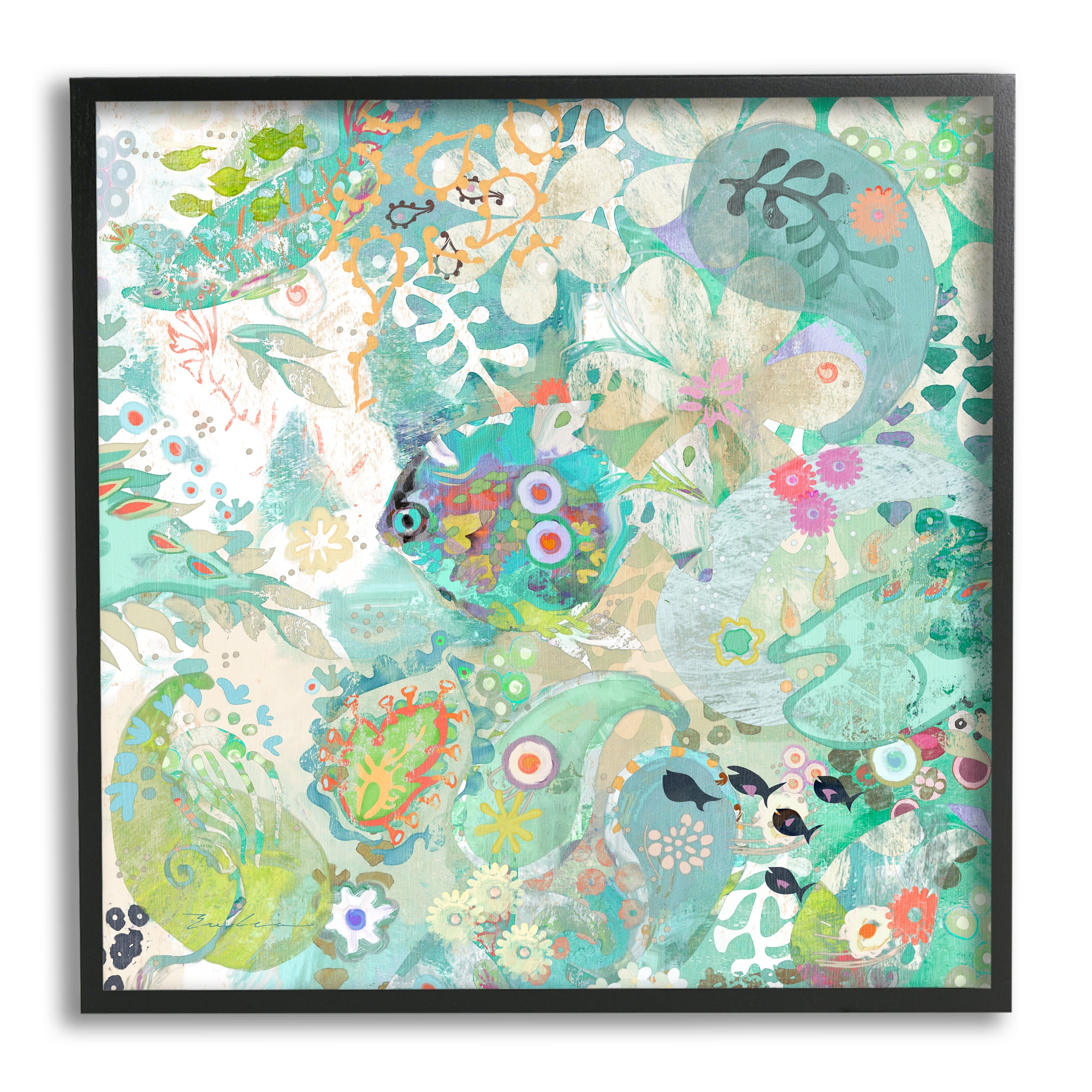 Stupell Industries Green Paisley Fish Pattern Botanical & Floral Painting Black Framed Art Print Wall Art, 17 x 17