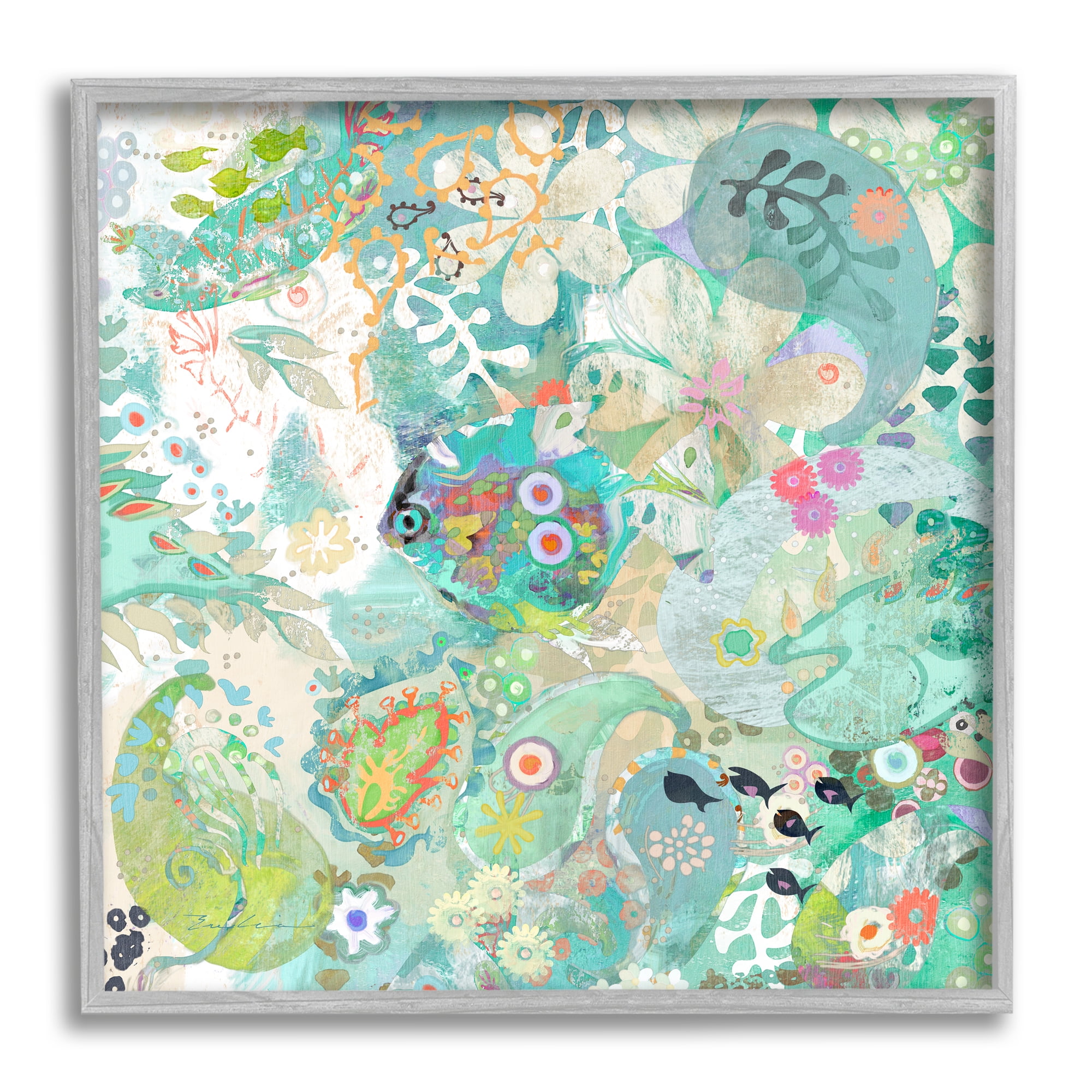 Stupell Industries Green Paisley Fish Pattern Botanical & Floral Painting Gray Framed Art Print Wall Art, 24 x 24