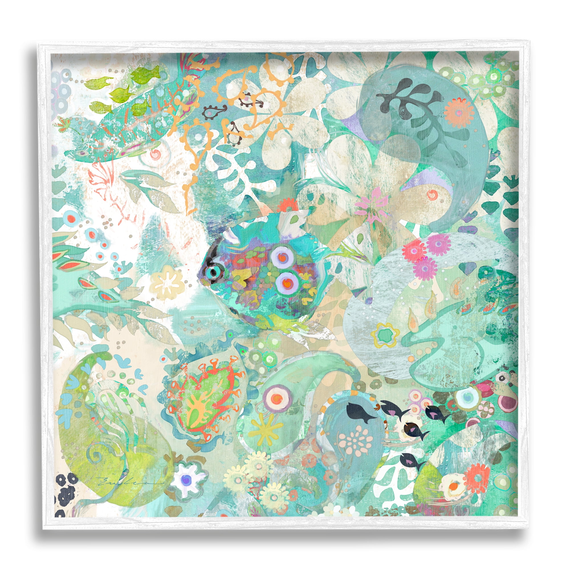 Stupell Industries Green Paisley Fish Pattern Botanical & Floral Painting White Framed Art Print Wall Art, 24 x 24