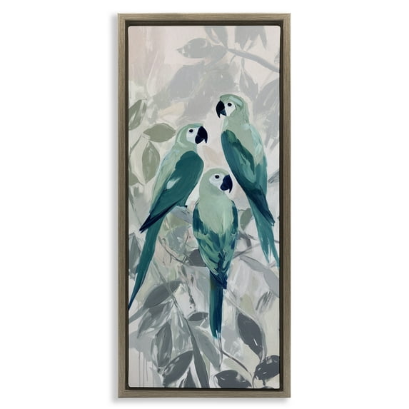 Stupell Industries Green Parrot Trio Brown Framed Floater Canvas Wall Art design by Amanda Tsoukanelis, 25 x 11