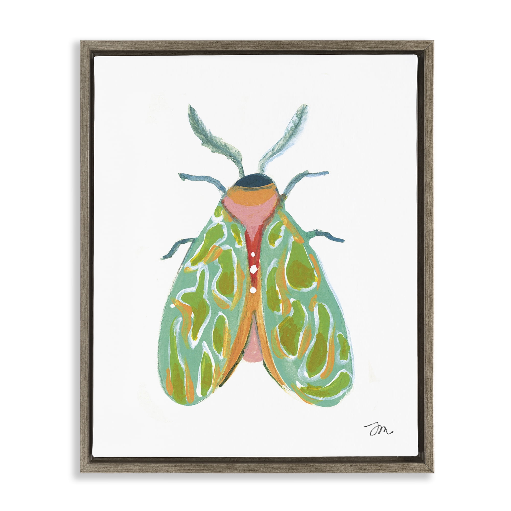 Stupell Industries Green Pattern Moth Insects Painting Brown Floater Framed Canvas Art Print Wall Art, 17 x 21