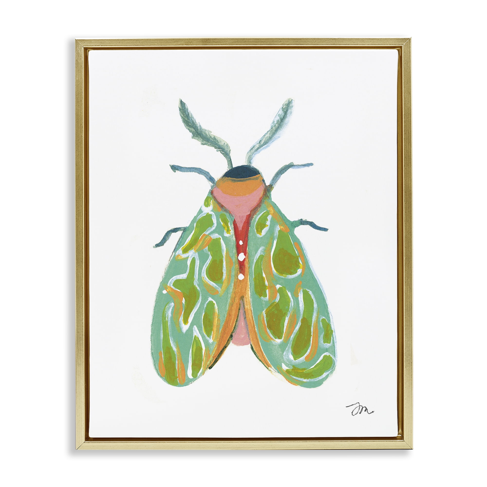 Stupell Industries Green Pattern Moth Insects Painting Gold Floater Framed Canvas Art Print Wall Art, 25 x 31