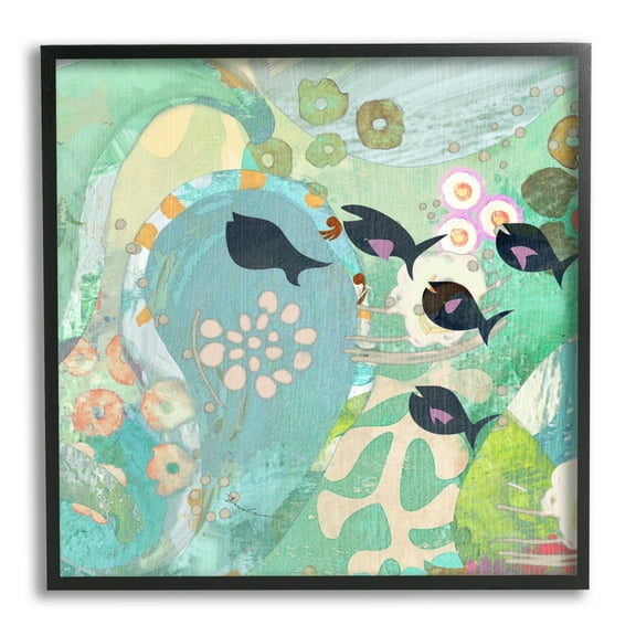 Stupell Industries Green Patterned Fish Collage Animals & Insects Painting Black Framed Art Print Wall Art, 12 x 12