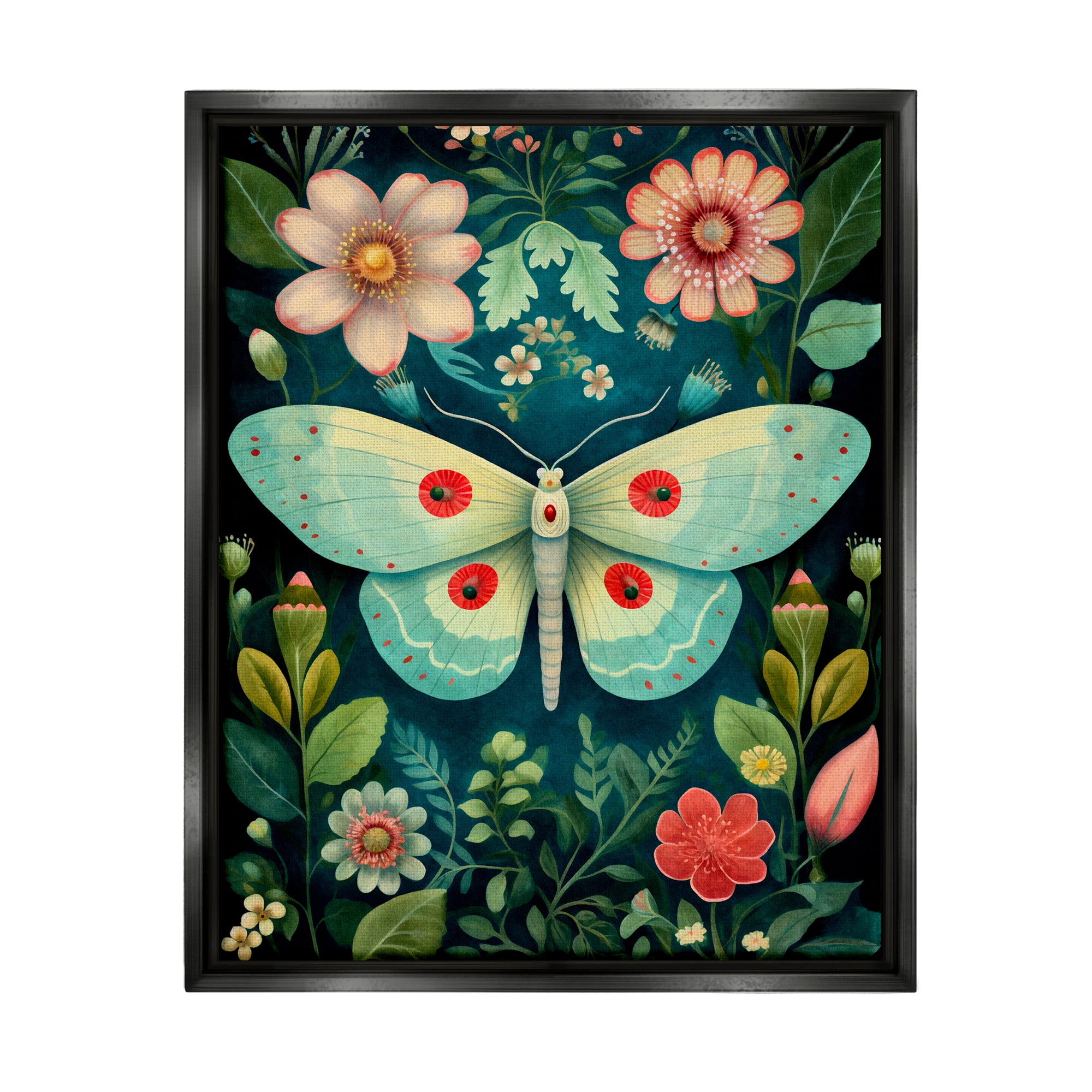 Stupell Industries Green & Pink Moth Pattern Animals & Insects Painting Black Floater Framed Canvas Art Print Wall Art, 17 x 21