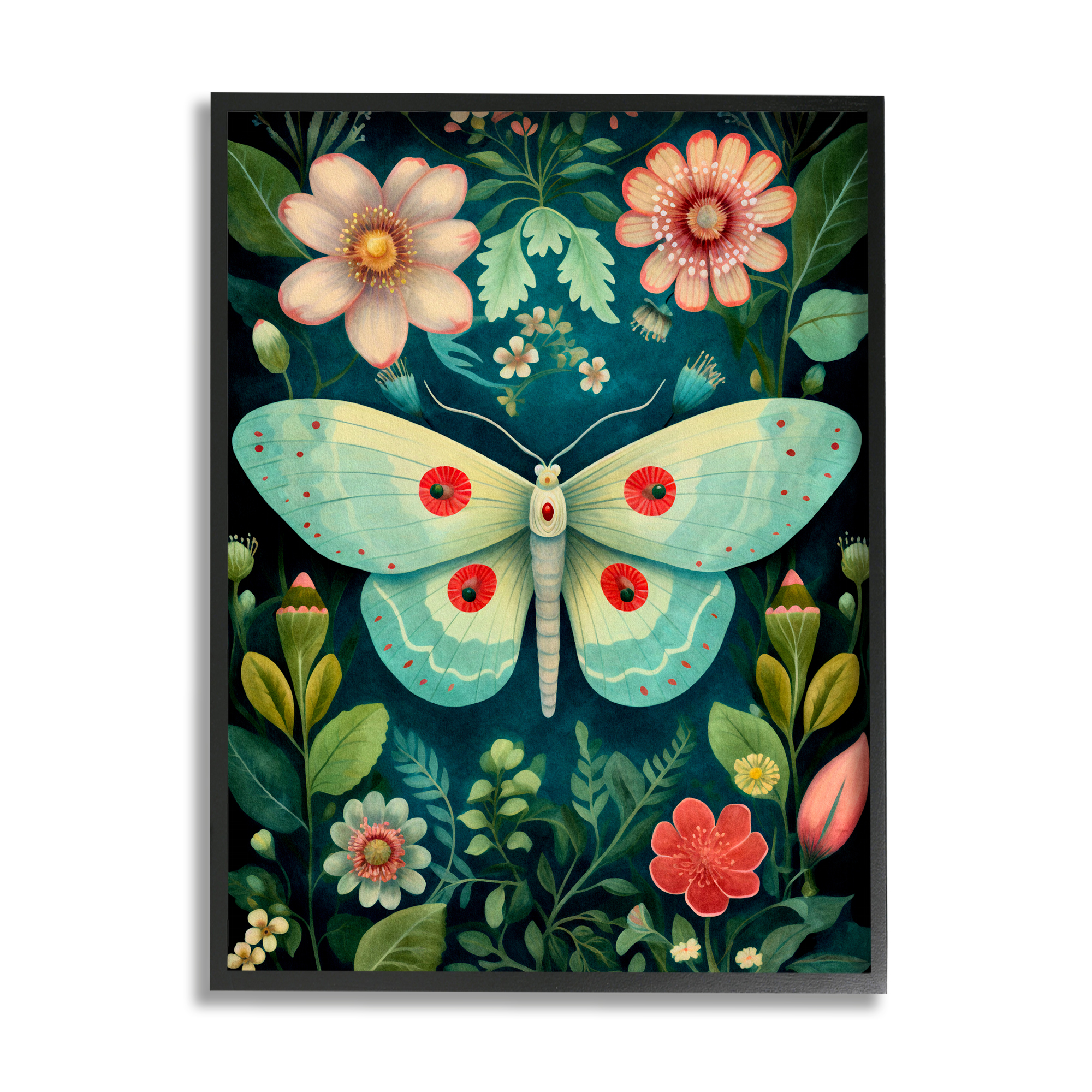 Stupell Industries Green & Pink Moth Pattern Animals & Insects Painting Black Framed Art Print Wall Art, 16 x 20