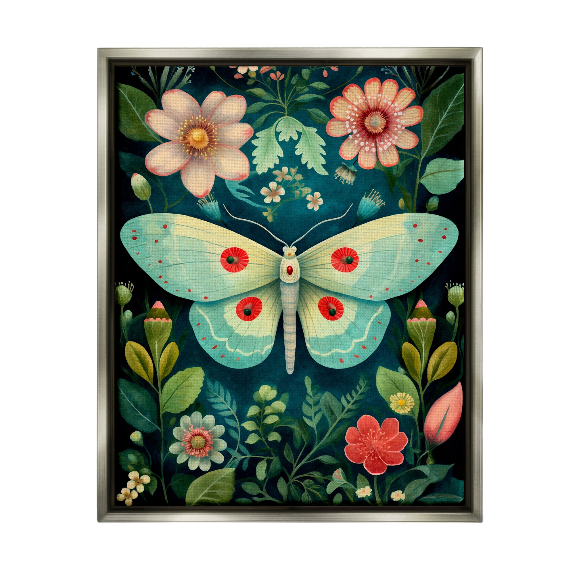 Stupell Industries Green & Pink Moth Pattern Animals & Insects Painting Gray Floater Framed Canvas Art Print Wall Art, 17 x 21