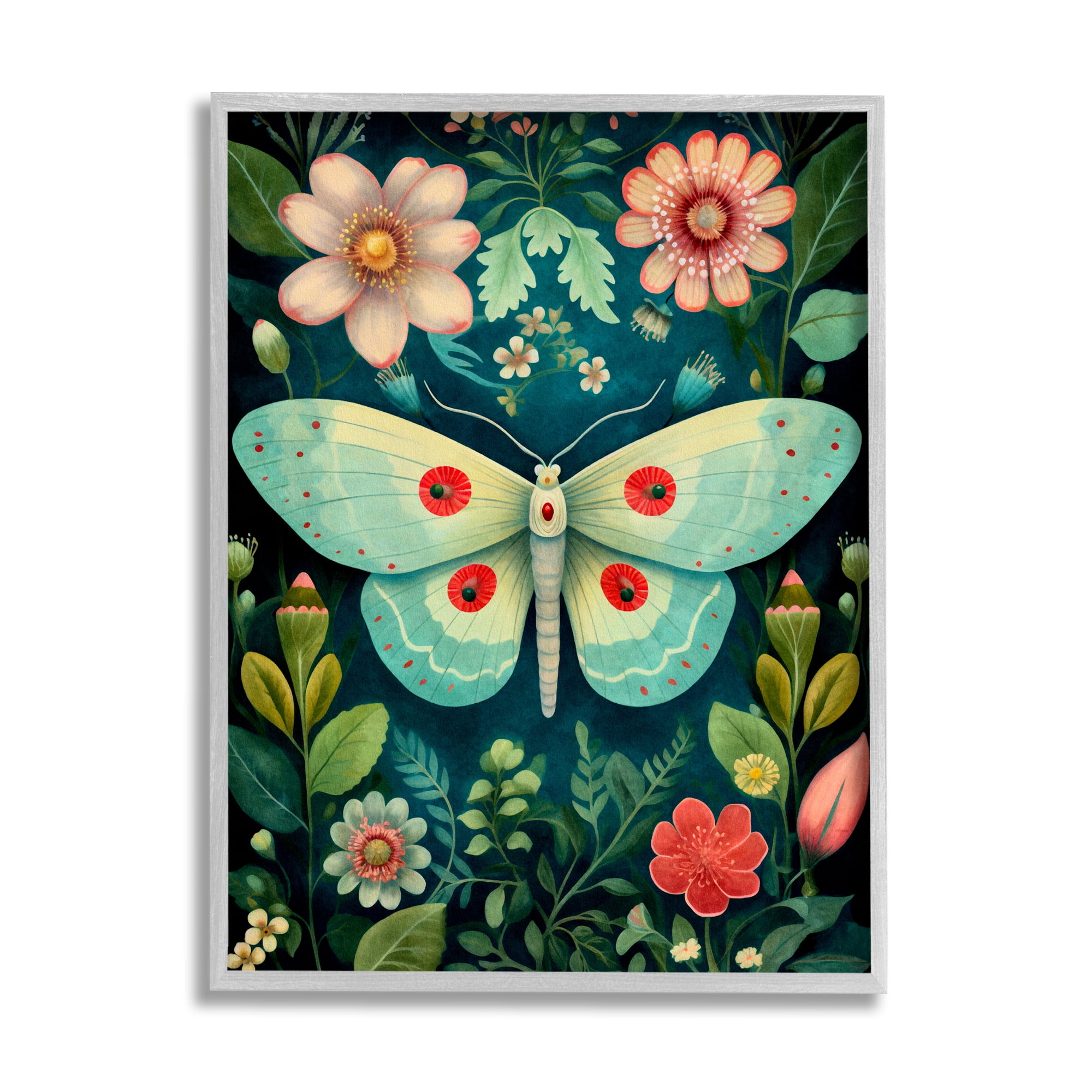 Stupell Industries Green & Pink Moth Pattern Animals & Insects Painting Gray Framed Art Print Wall Art, 16 x 20