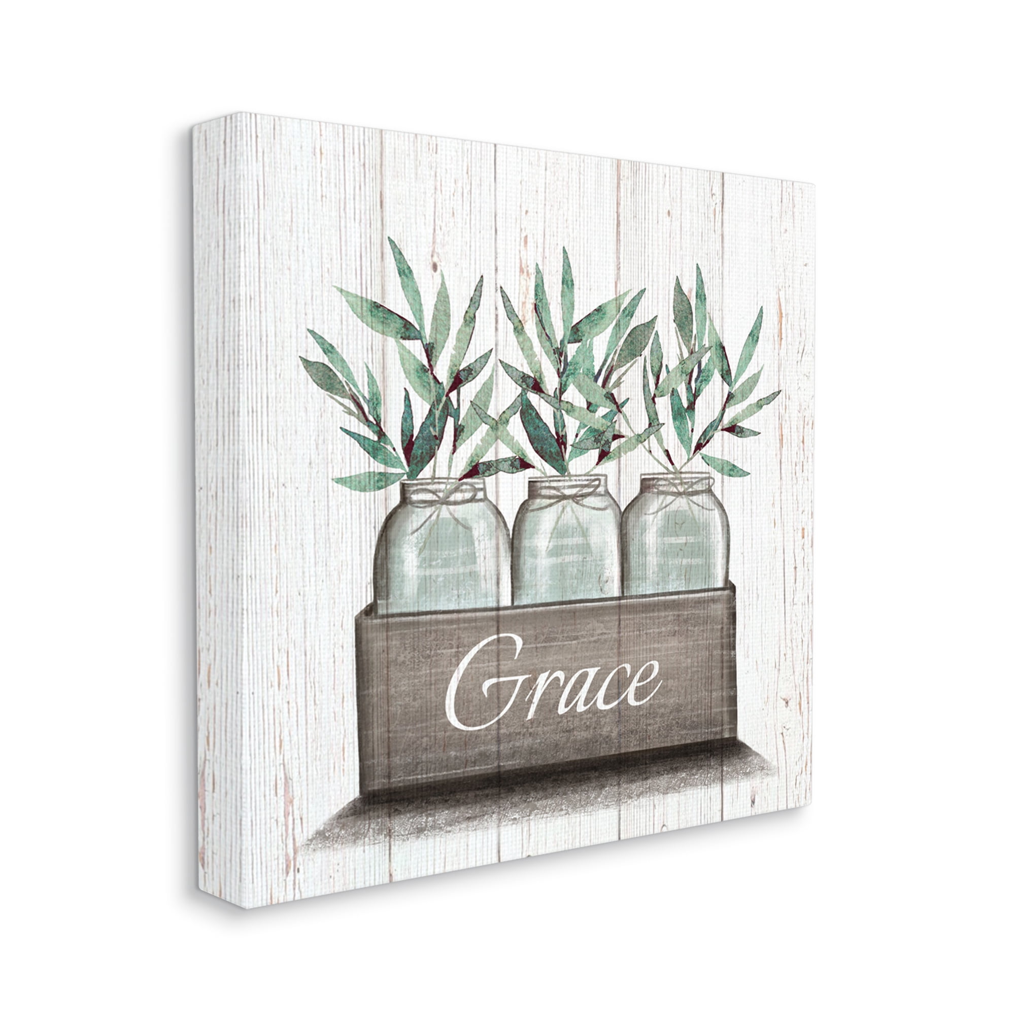 Stupell Industries Green Plant Foliage in Jars with Grace Sentiments,24 x 24,Designed by Elizabeth Tyndall