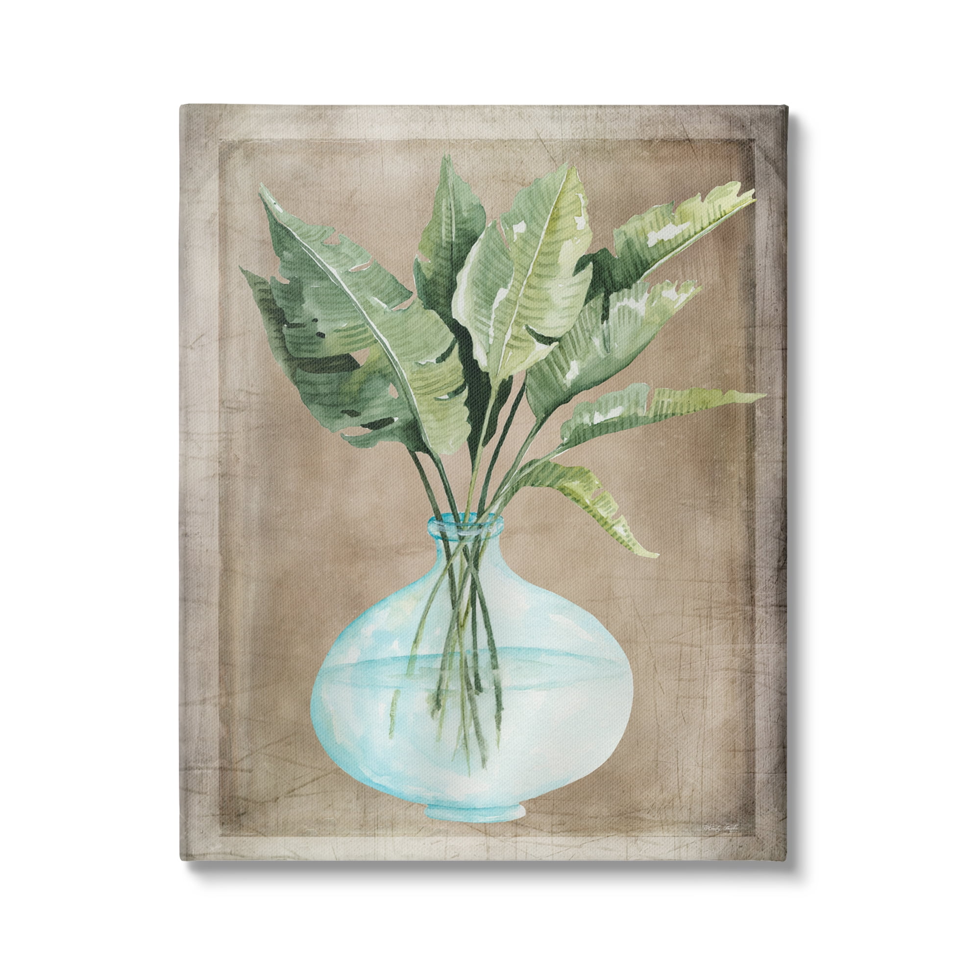 Stupell Industries Green Plant Leaves Glass Vase Rustic Border Painting Gallery Wrapped Canvas Print Wall Art, Design by Cindy Jacobs