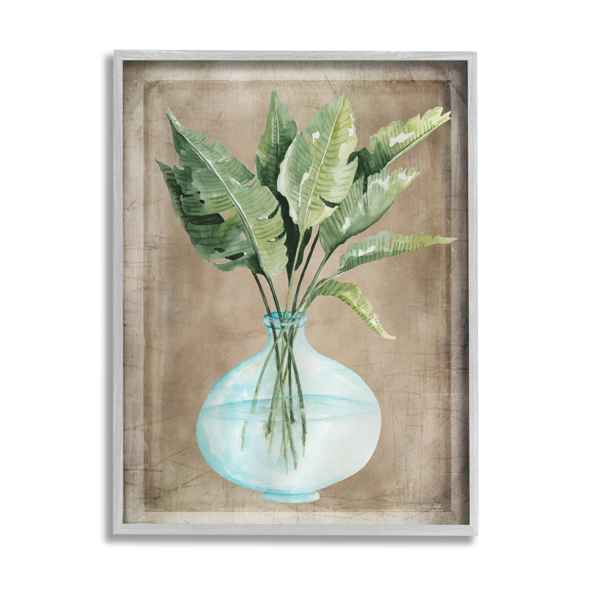 Stupell Industries Green Plant Leaves Glass Vase Rustic Border Painting Gray Framed Art Print Wall Art, Design by Cindy Jacobs