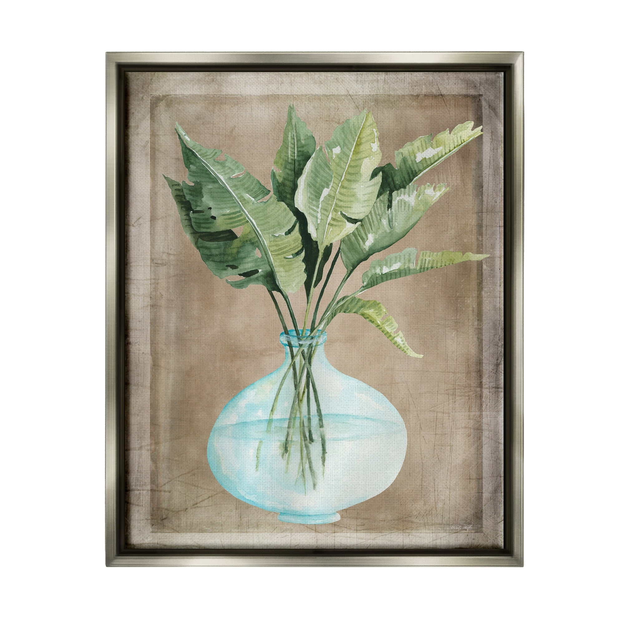 Stupell Industries Green Plant Leaves Glass Vase Rustic Border Painting Luster Gray Floating Framed Canvas Print Wall Art, Design by Cindy Jacobs