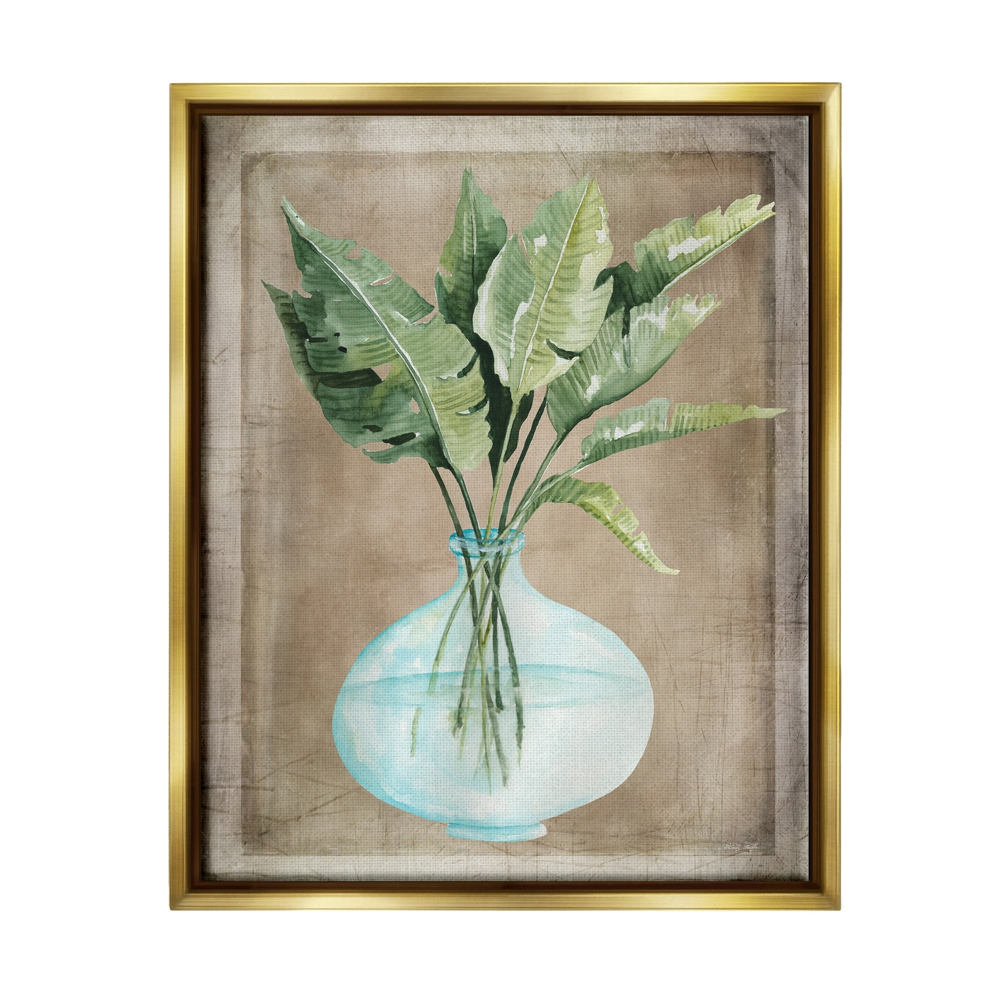 Stupell Industries Green Plant Leaves Glass Vase Rustic Border Painting Metallic Gold Floating Framed Canvas Print Wall Art, Design by Cindy Jacobs