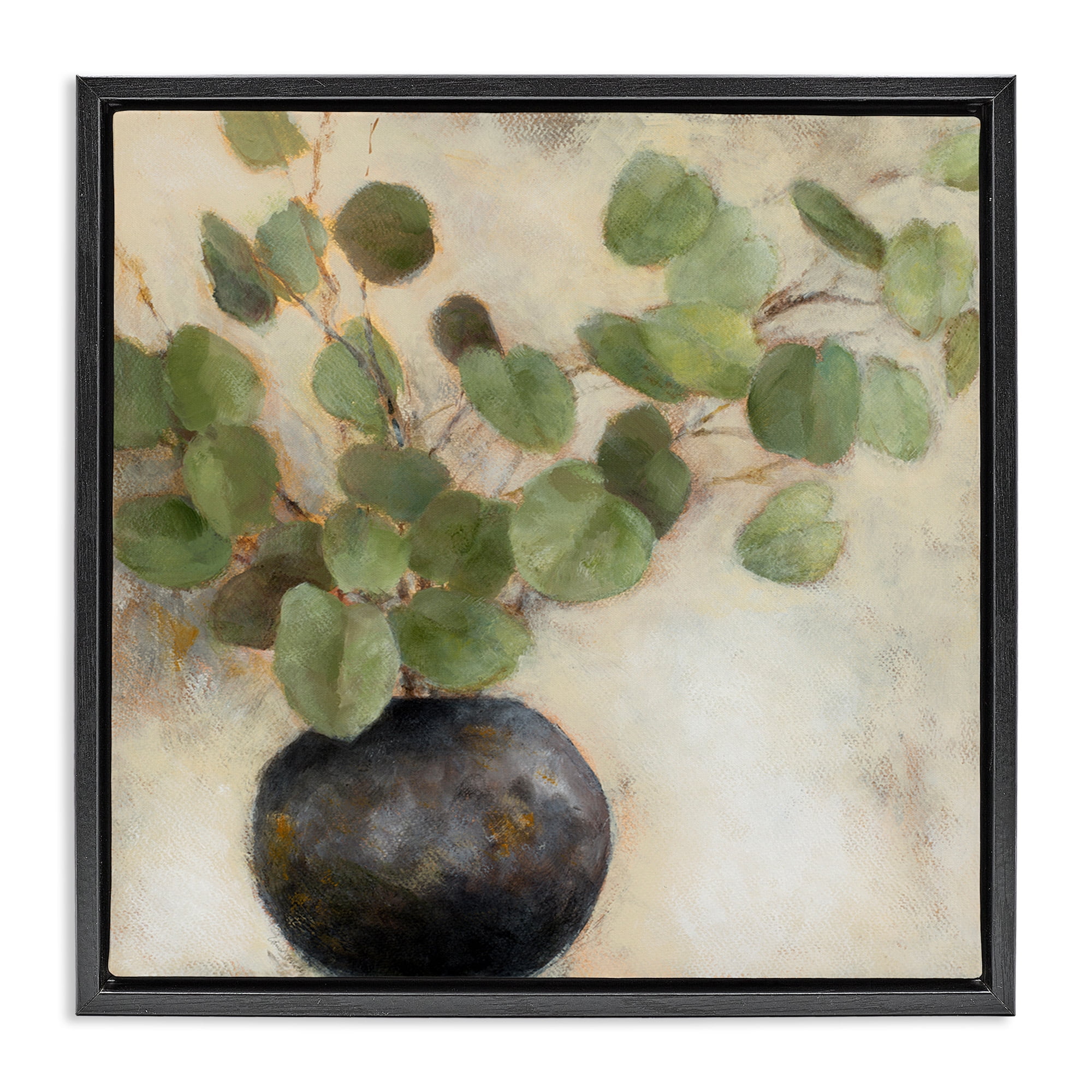 Stupell Industries Green Potted Eucalyptus Leaves Botanical & Floral Painting Black Floater Framed Canvas Art Print Wall Art, 25 x 25