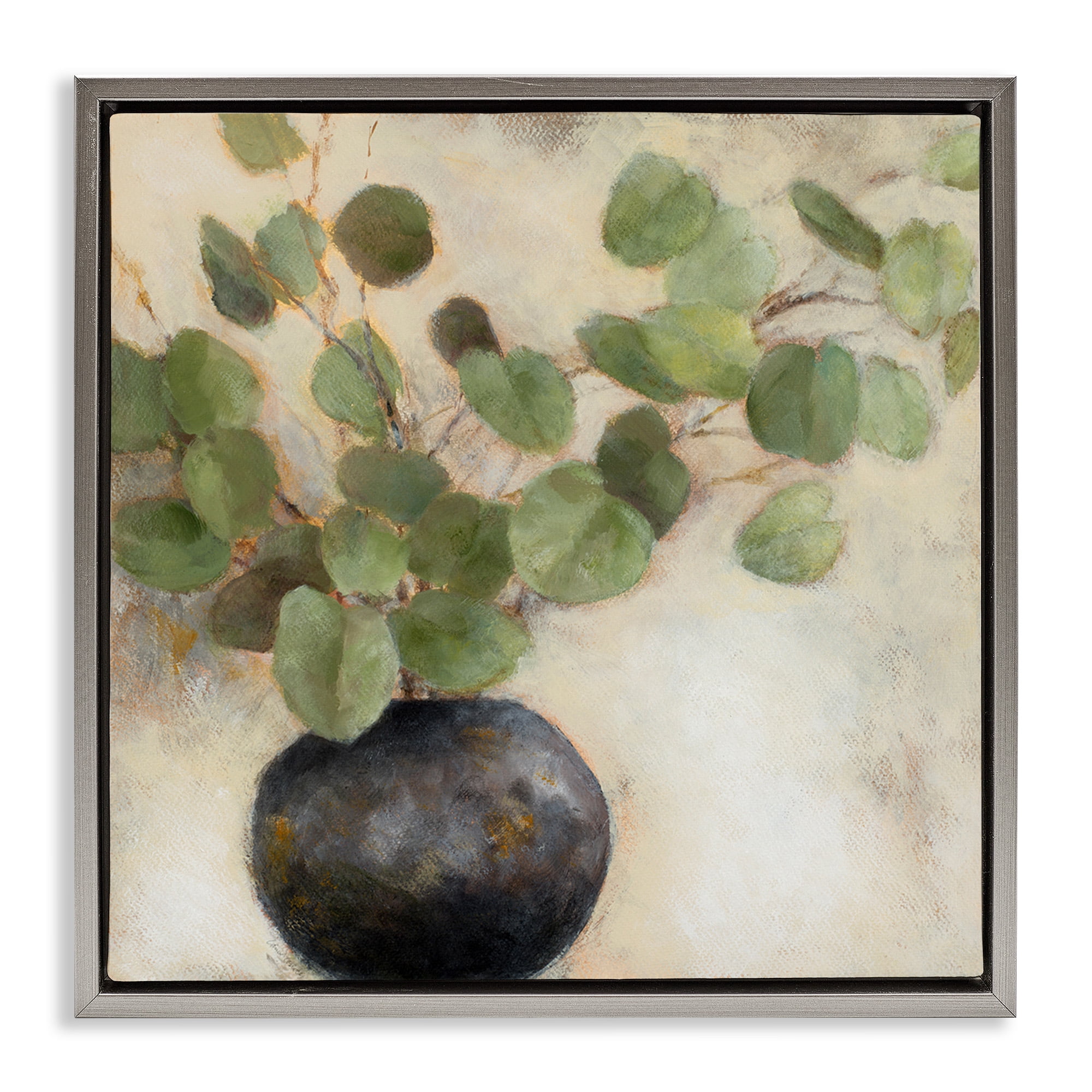 Stupell Industries Green Potted Eucalyptus Leaves Botanical & Floral Painting Gray Floater Framed Canvas Art Print Wall Art, 18 x 18