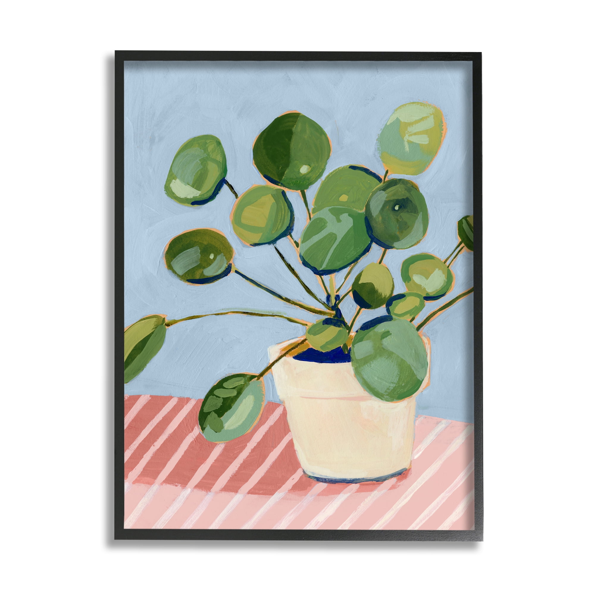 Stupell Industries Green Potted Plant Round Leaves Pink Stripe Table Botanical & Floral Painting Black Framed Art Print Wall Art, 16 x 20