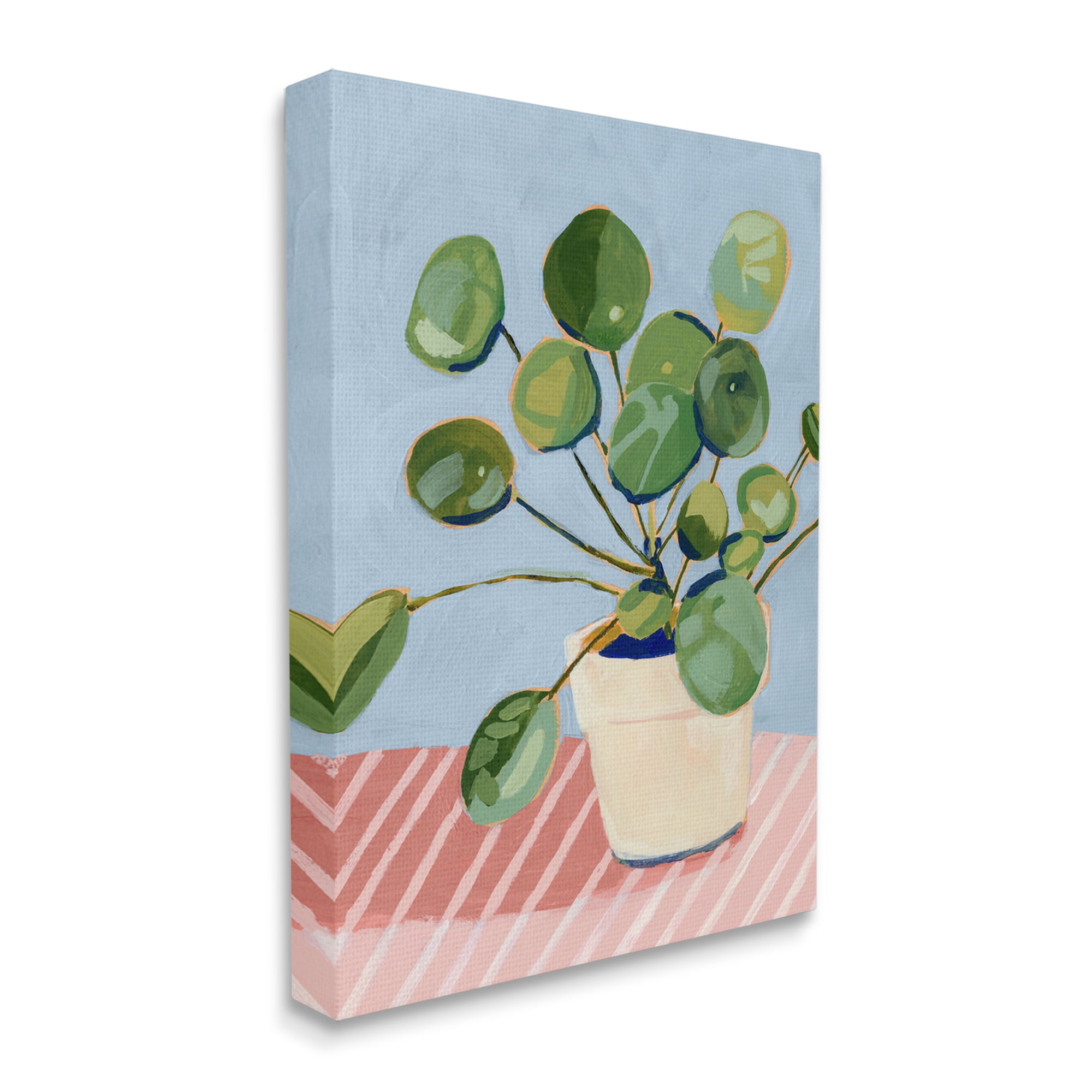 Stupell Industries Green Potted Plant Round Leaves Pink Stripe Table Botanical & Floral Painting Gallery Wrapped Canvas Print Wall Art, 16 x 20
