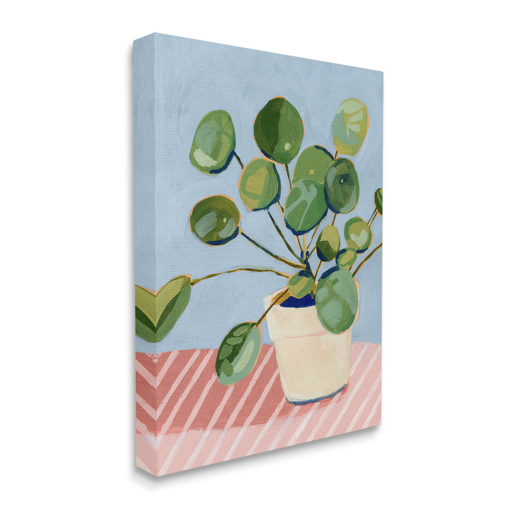 Stupell Industries Green Potted Plant Round Leaves Pink Stripe Table Botanical & Floral Painting Gallery Wrapped Canvas Print Wall Art, 36 x 48