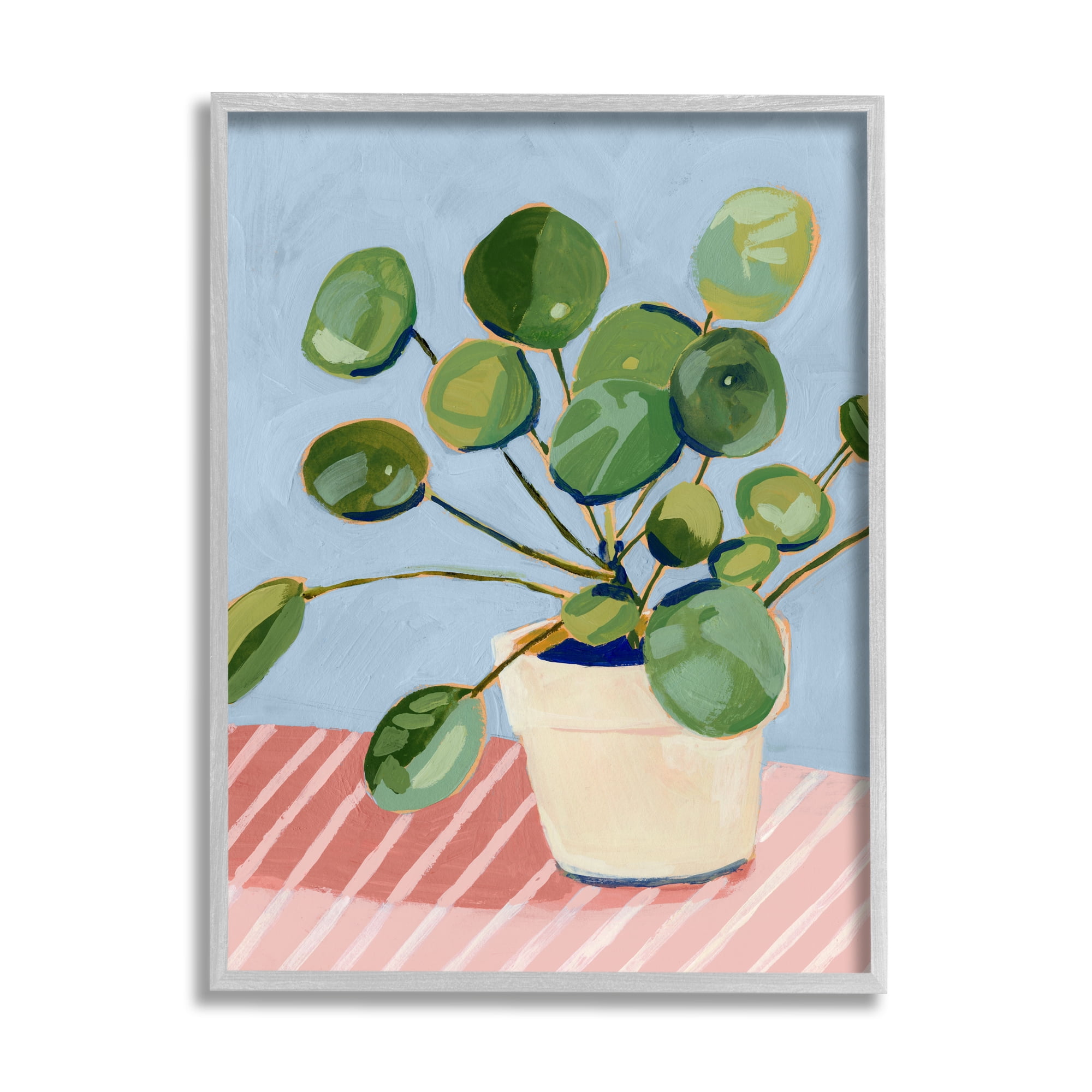 Stupell Industries Green Potted Plant Round Leaves Pink Stripe Table Botanical & Floral Painting Gray Framed Art Print Wall Art, 16 x 20