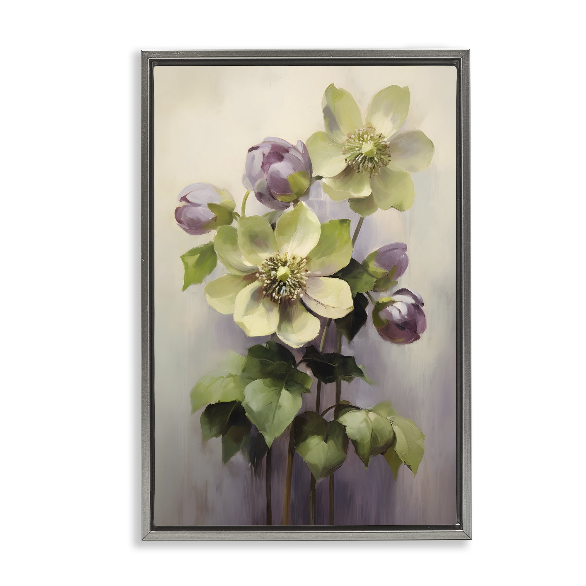Stupell Industries Green & Purple Flowers Botanical & Floral Painting Gray Floater Framed Art Print Wall Art, 21 x 31